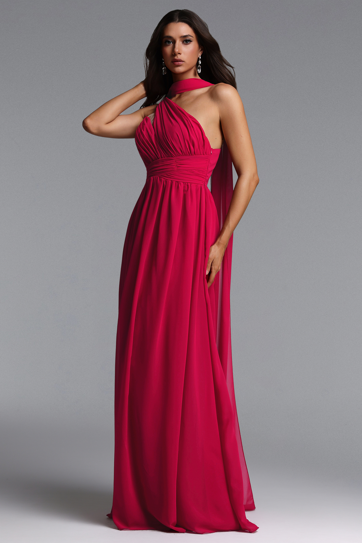 Naida Elegant Flowy One Shoulder Scarf Pleated Maxi Dress