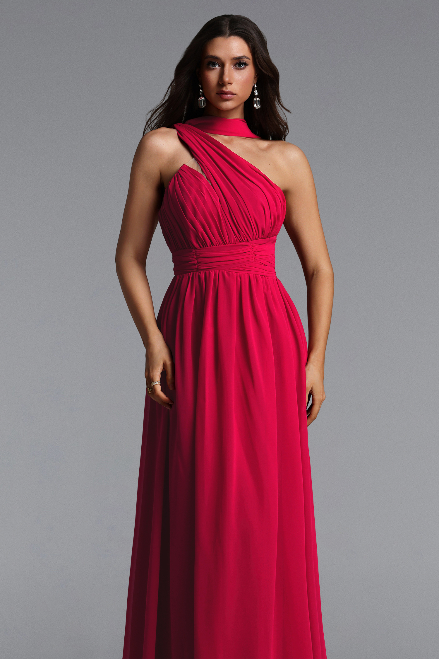 Naida Elegant Flowy One Shoulder Scarf Pleated Maxi Dress