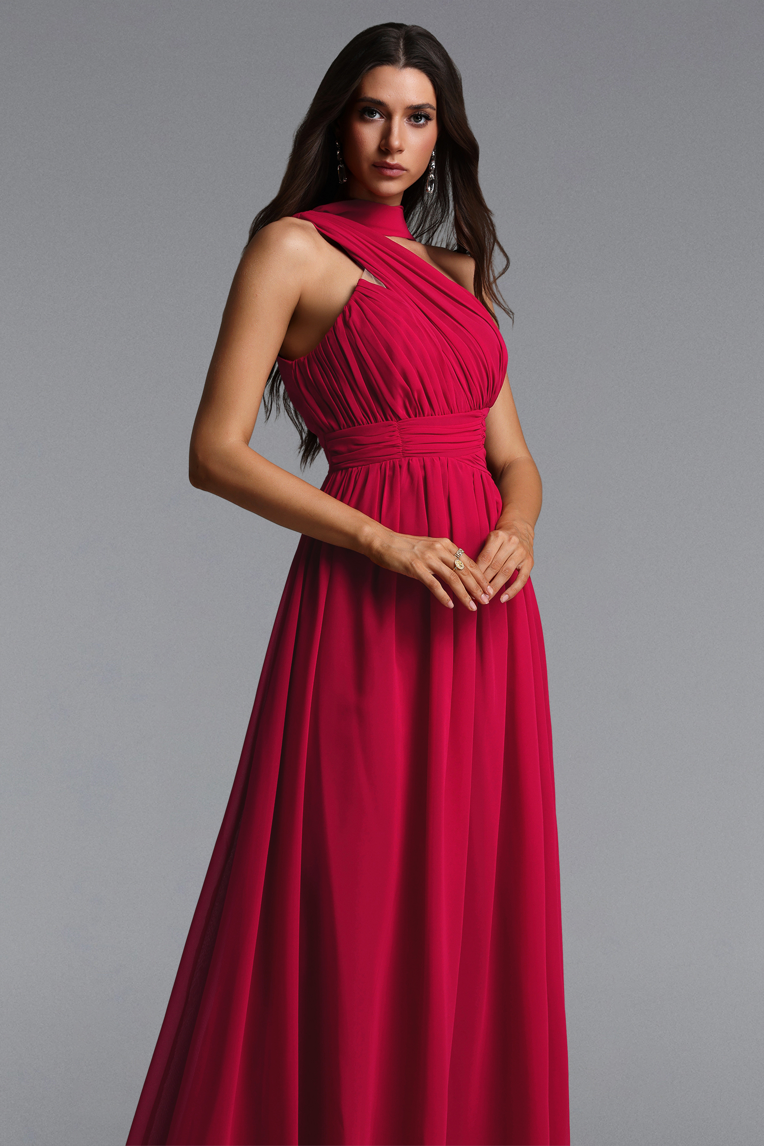 Naida Elegant Flowy One Shoulder Scarf Pleated Maxi Dress