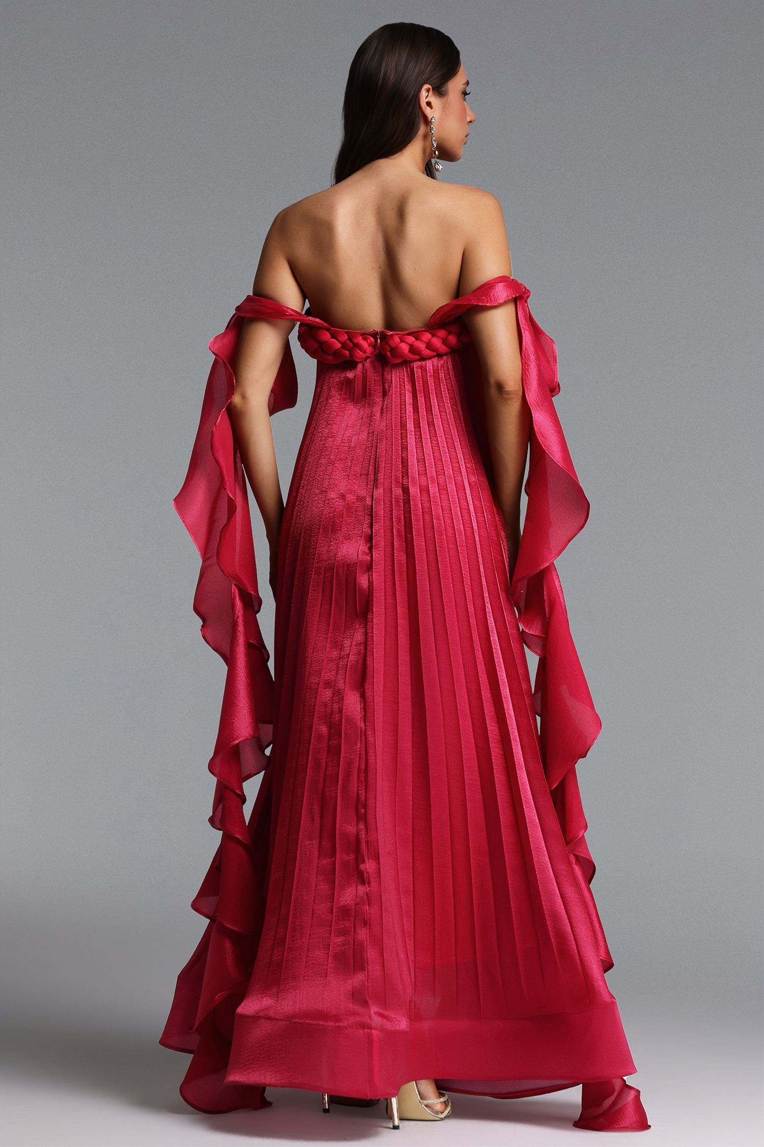 Parker Romantic Flowy Off Shoulder Braided Pleated Ruffle Maxi Dress