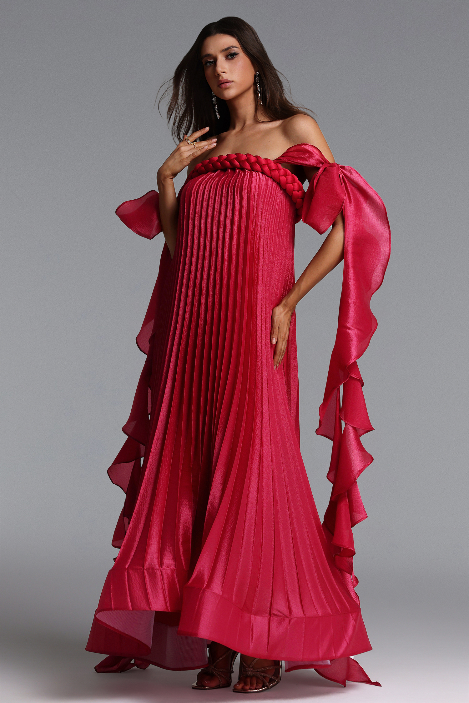 Parker Romantic Flowy Off Shoulder Braided Pleated Ruffle Maxi Dress