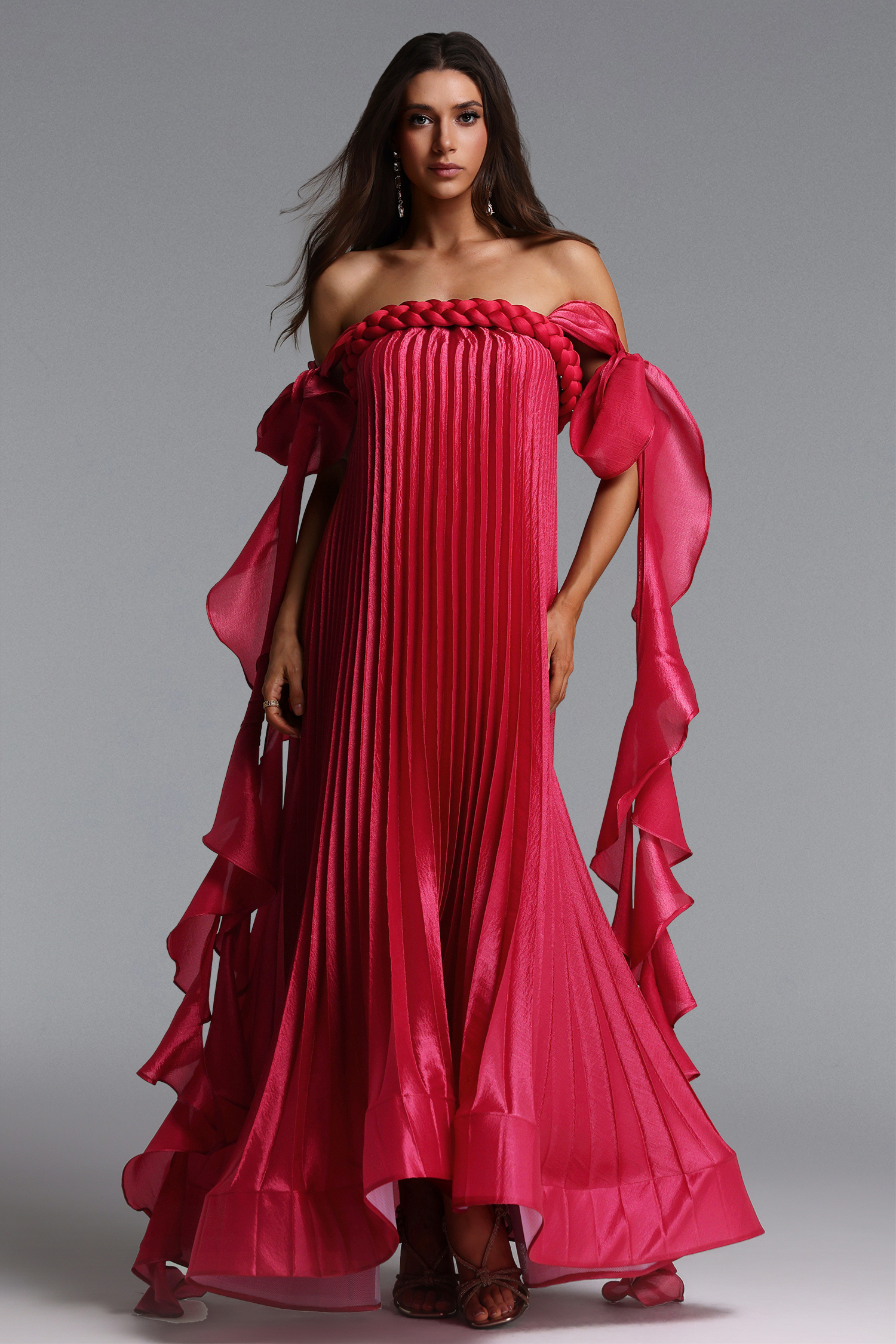 Parker Romantic Flowy Off Shoulder Braided Pleated Ruffle Maxi Dress