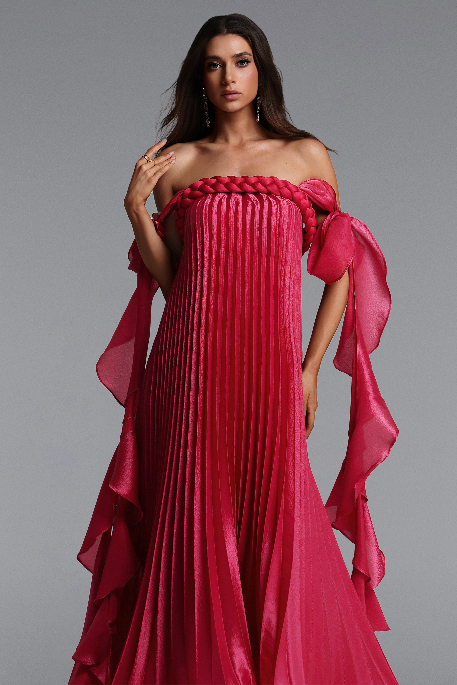 Parker Romantic Flowy Off Shoulder Braided Pleated Ruffle Maxi Dress