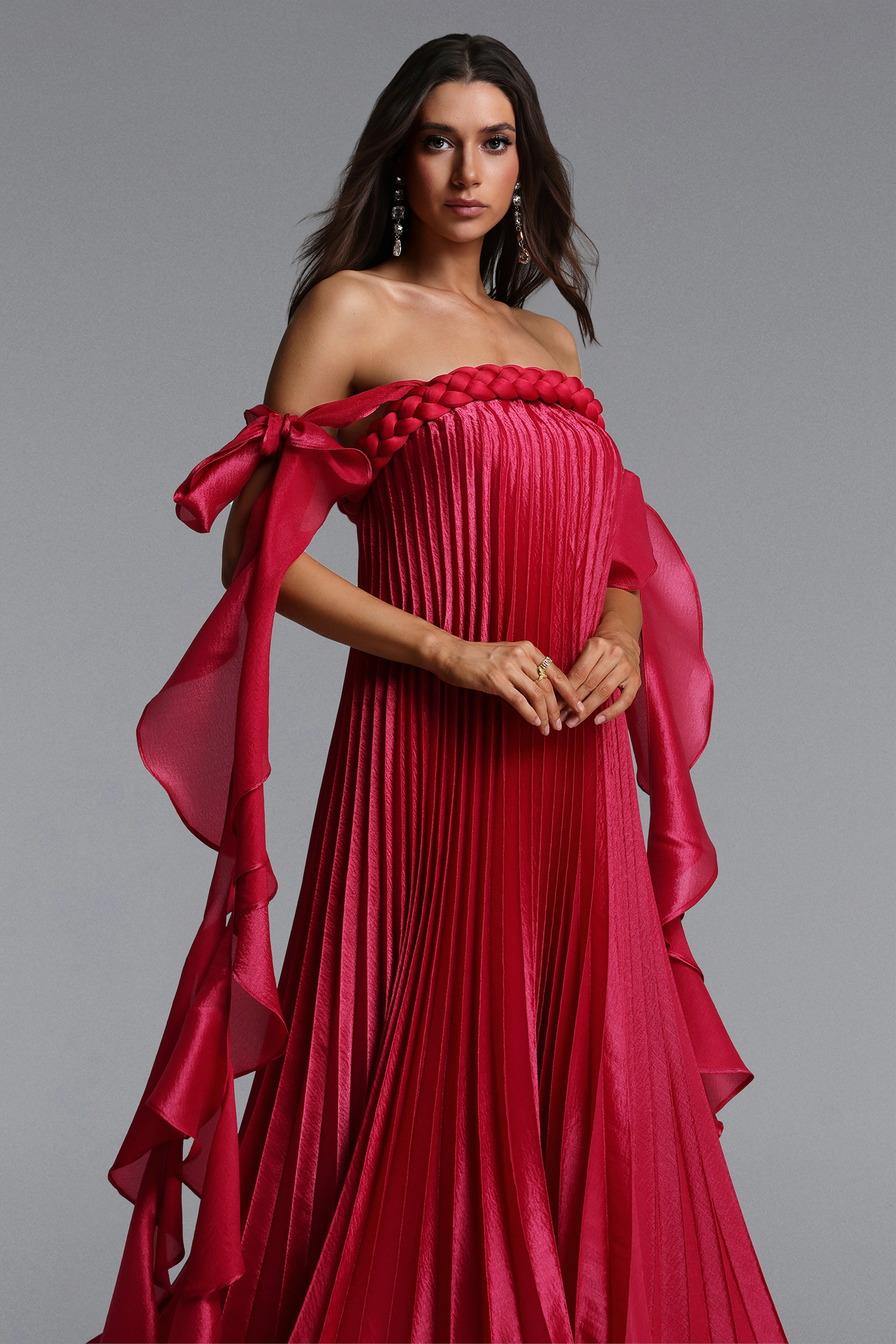 Parker Romantic Flowy Off Shoulder Braided Pleated Ruffle Maxi Dress