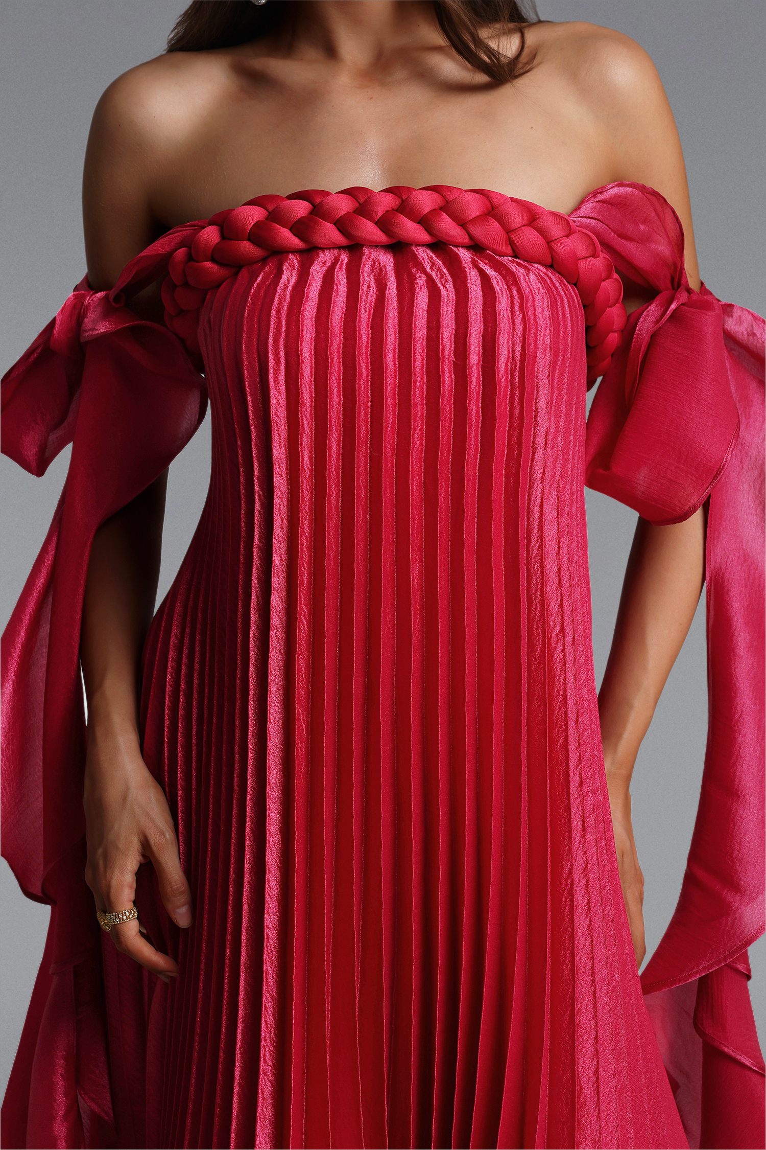 Parker Romantic Flowy Off Shoulder Braided Pleated Ruffle Maxi Dress