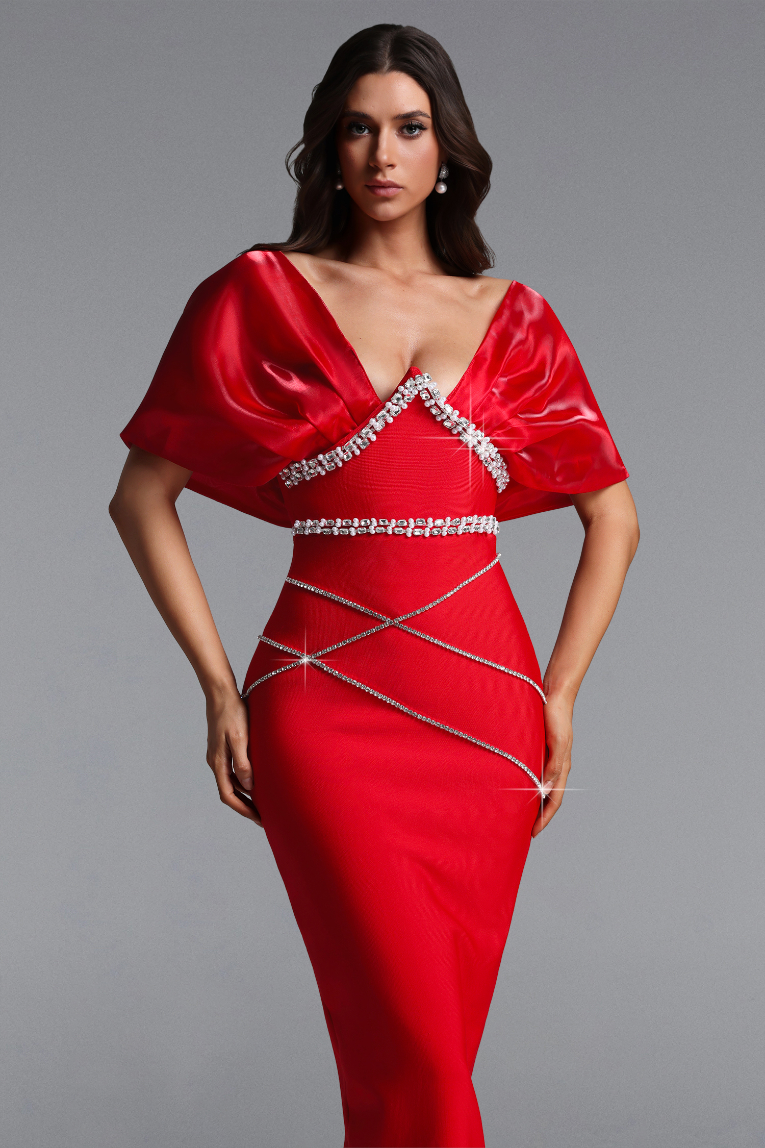 Linnaea Glamorous Contour Rhinestone Bandage Maxi Dress