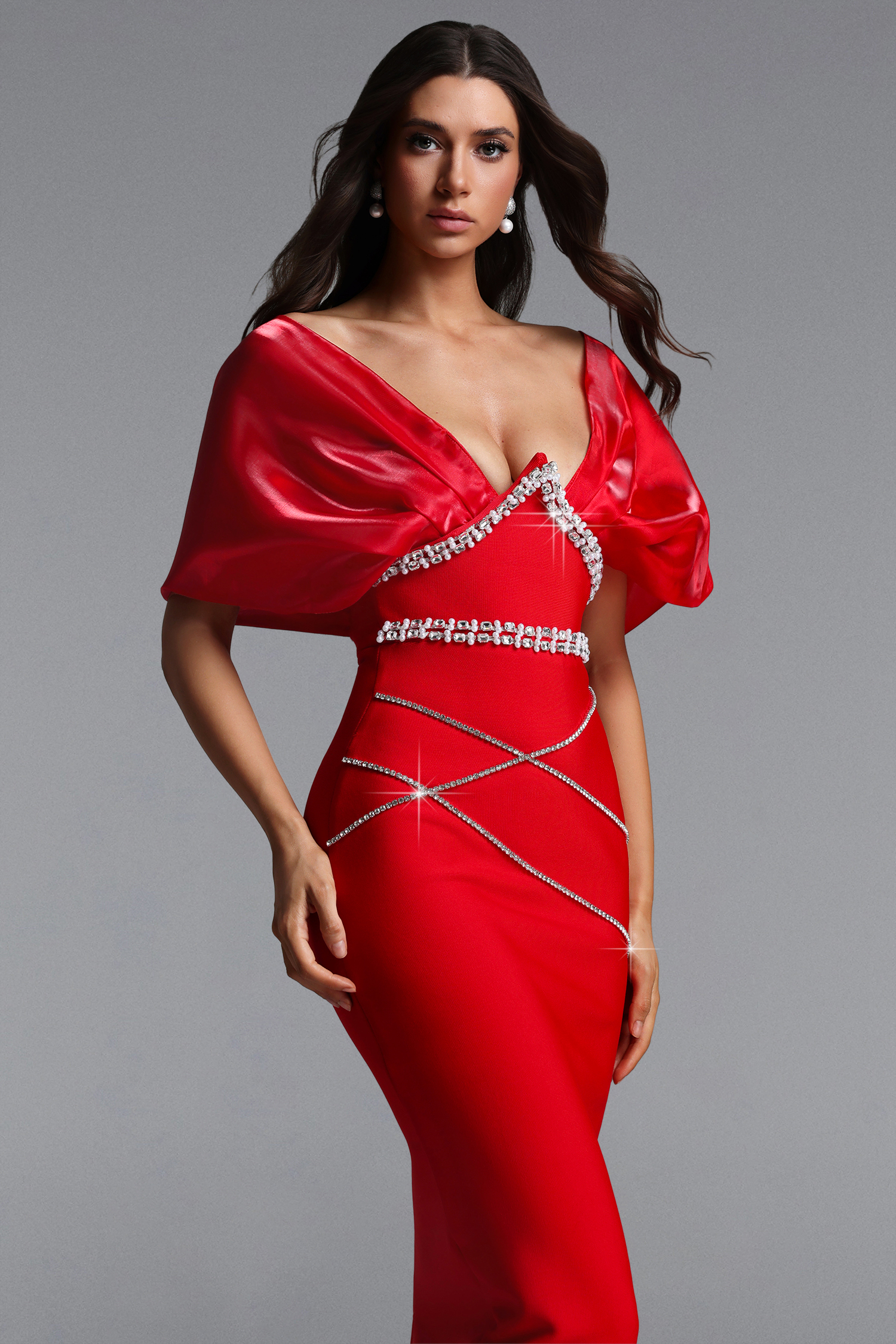 Linnaea Glamorous Contour Rhinestone Bandage Maxi Dress