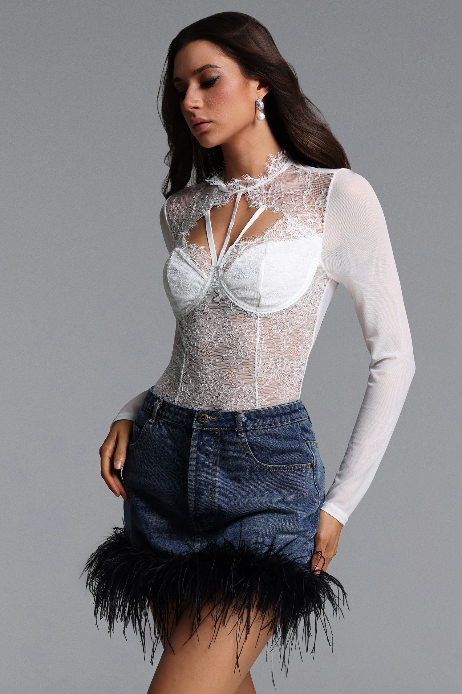 Hatsie Lace Long Sleeve White Jumpsuit