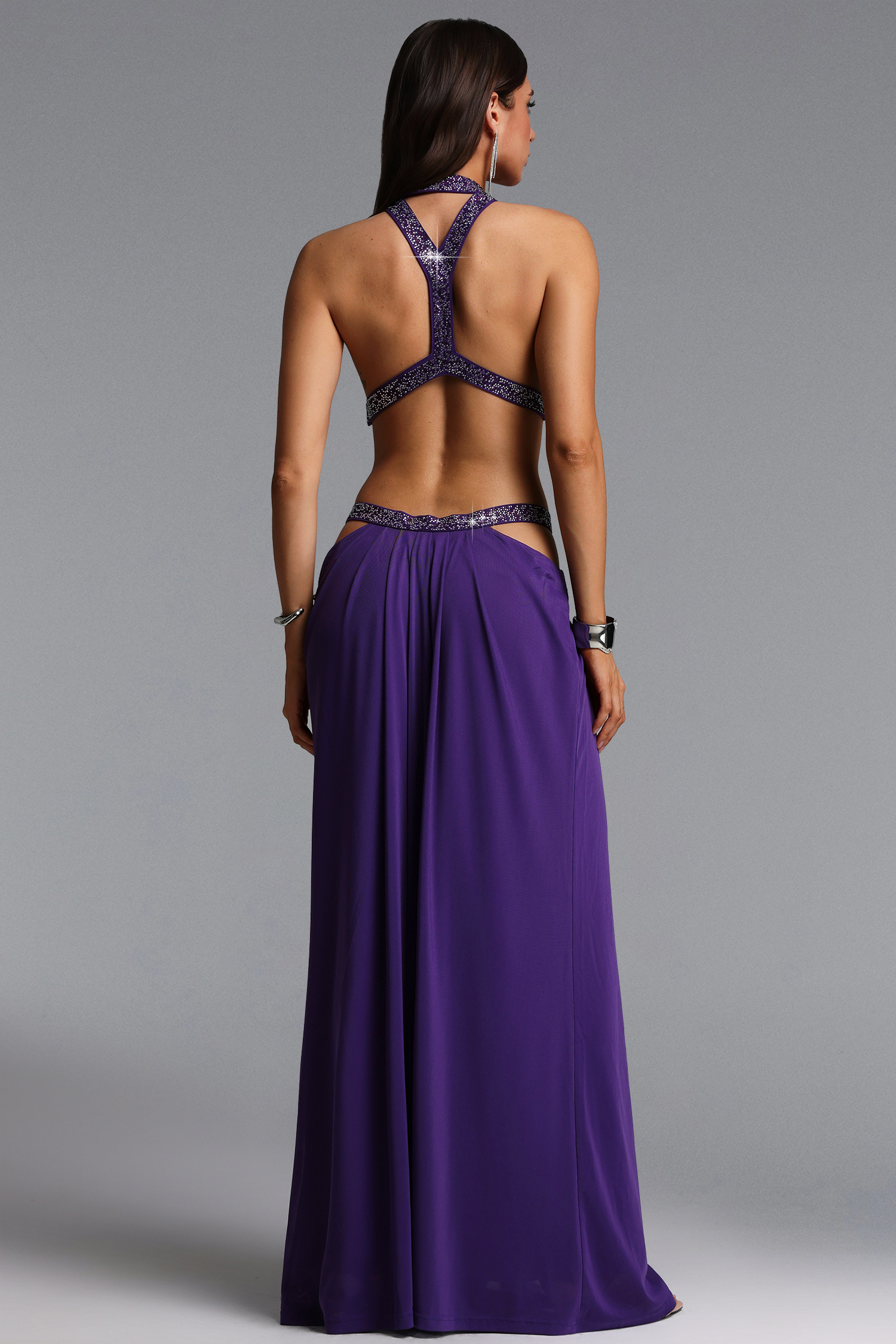 Elaia Sexy Flowy Halter Ruched Cut Out Purple Maxi Dress