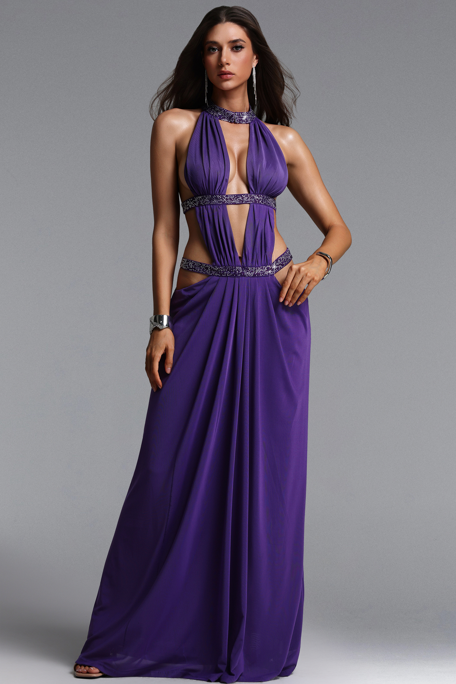 Elaia Sexy Flowy Halter Ruched Cut Out Purple Maxi Dress
