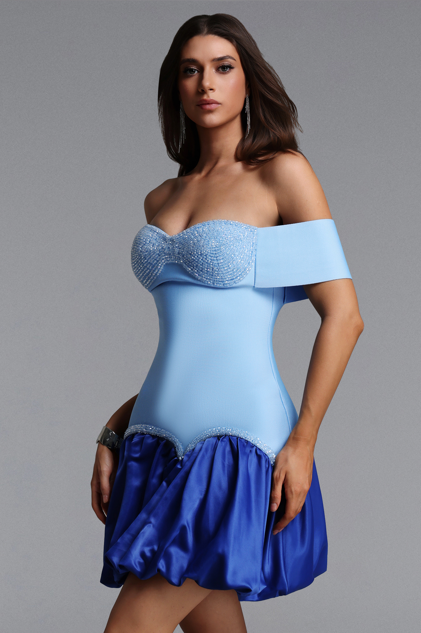 Ruby Classic Contour Off Shoulder Crystal Bandage Mini Dress