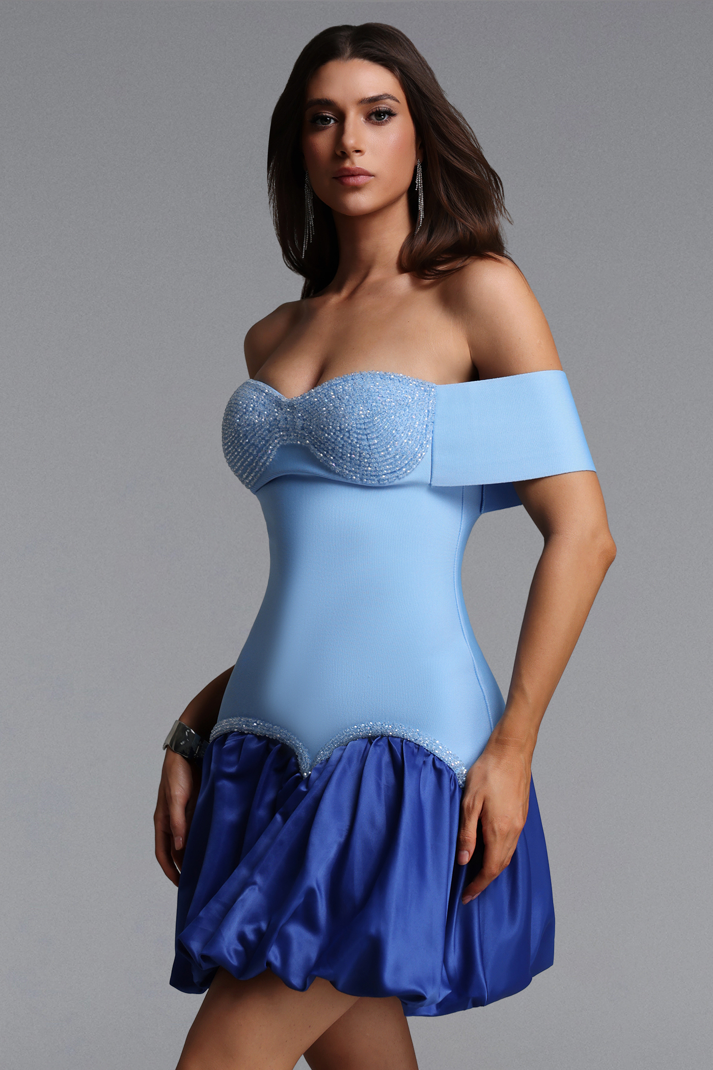 Ruby Classic Contour Off Shoulder Crystal Bandage Mini Dress