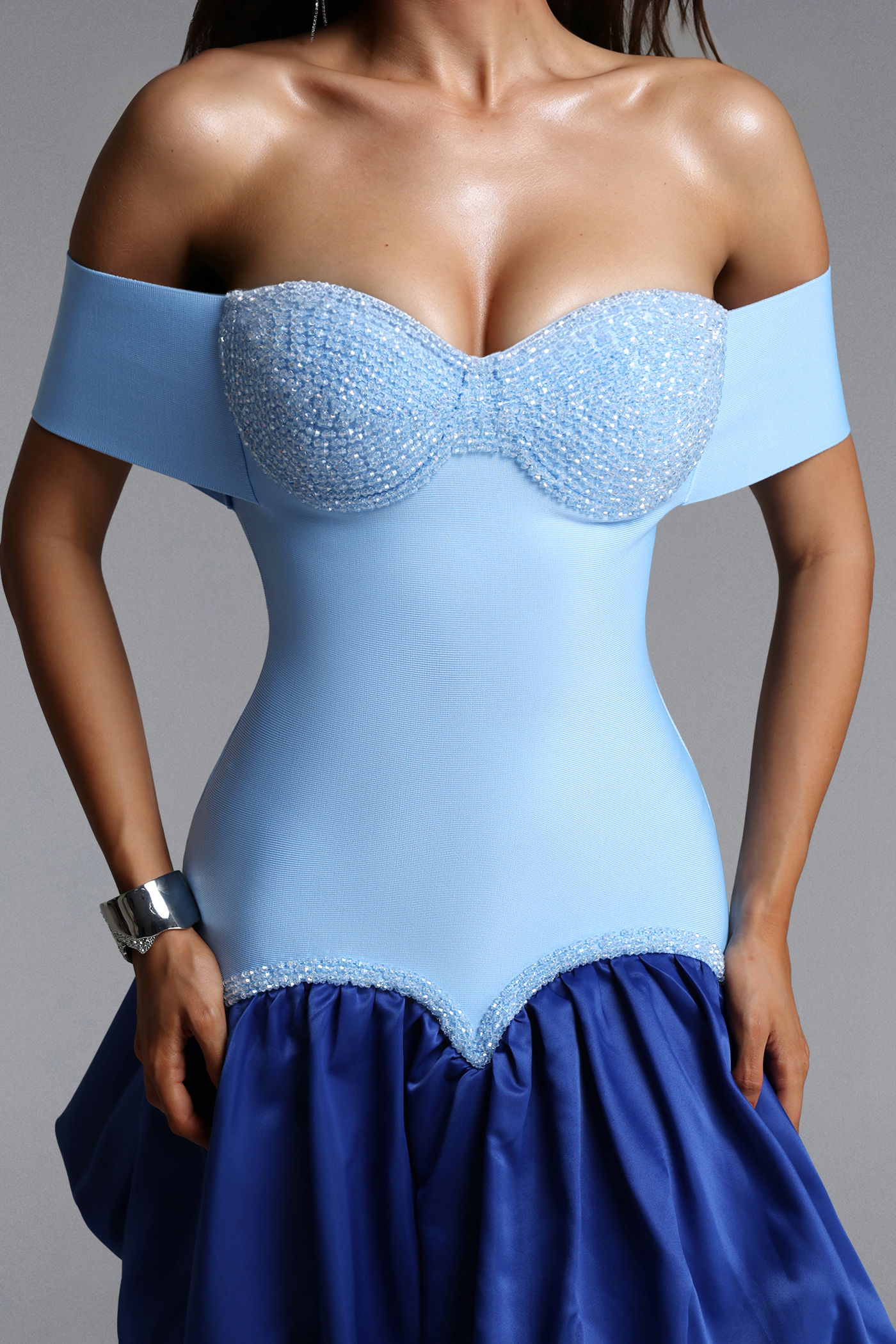 Ruby Classic Contour Off Shoulder Crystal Bandage Mini Dress