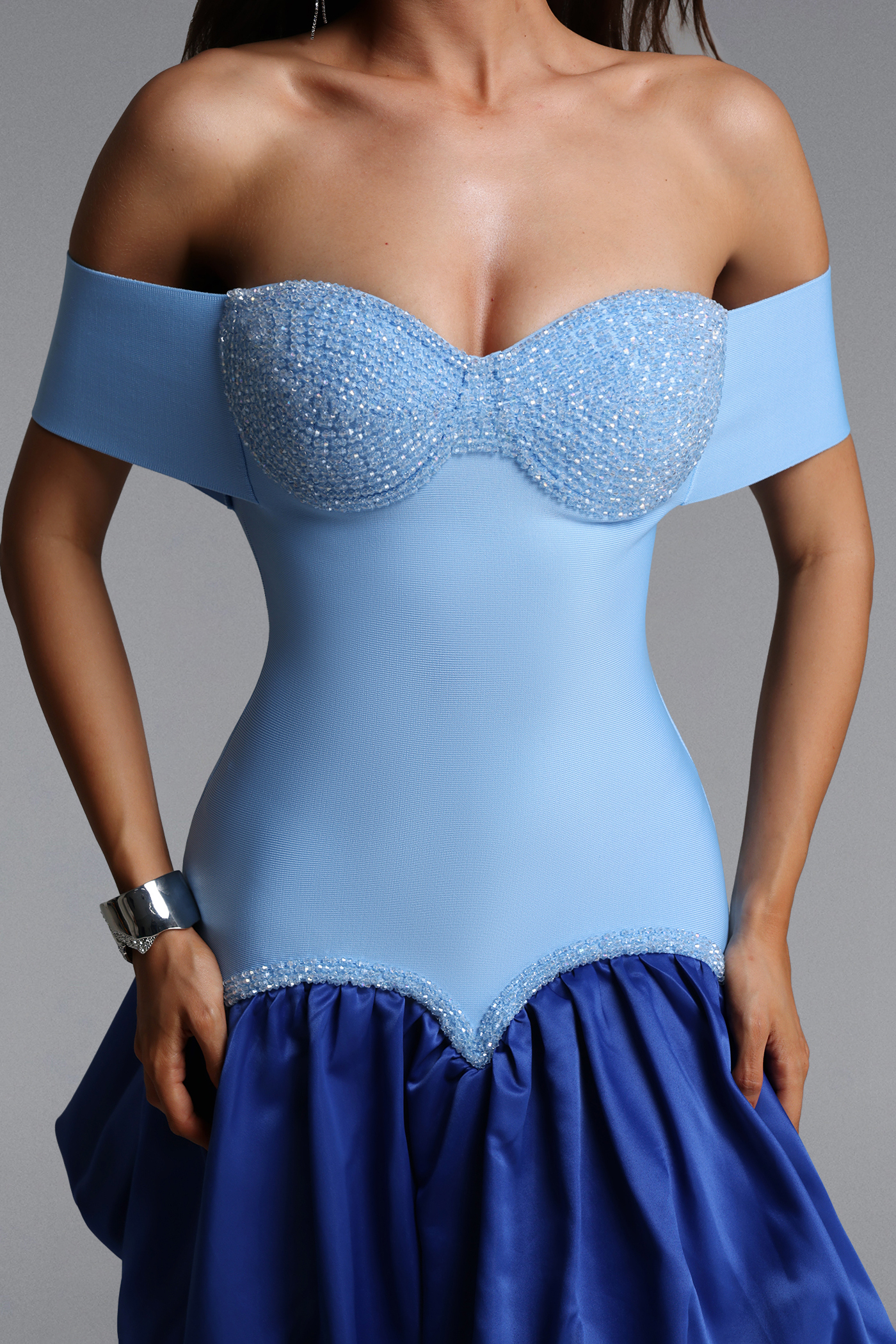 Ruby Classic Contour Off Shoulder Crystal Bandage Mini Dress