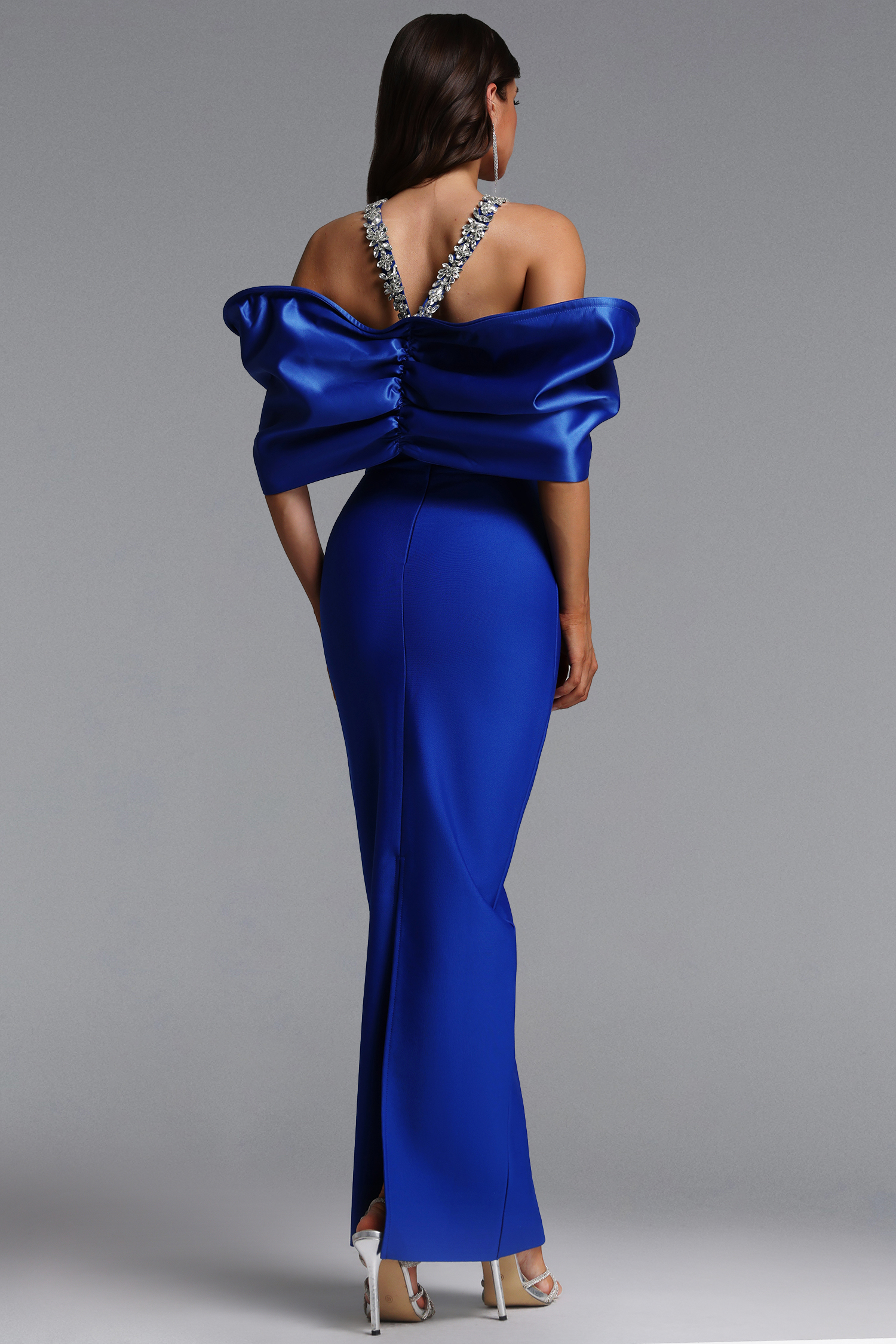 Sloan Halter Diamond Off Shoulder Bandage Blue Maxi Dress