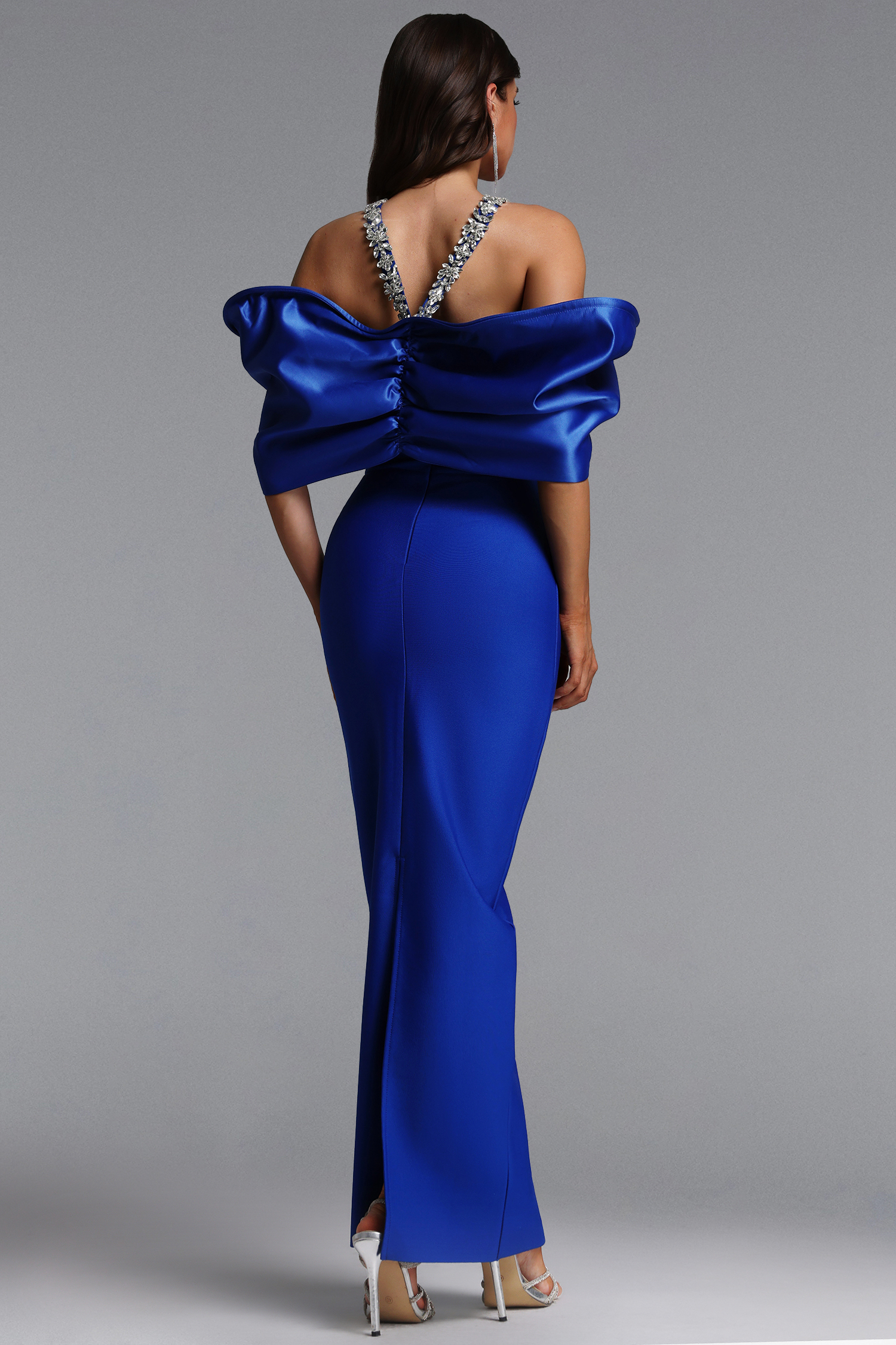 Sloan Halter Diamond Off Shoulder Bandage Blue Maxi Dress