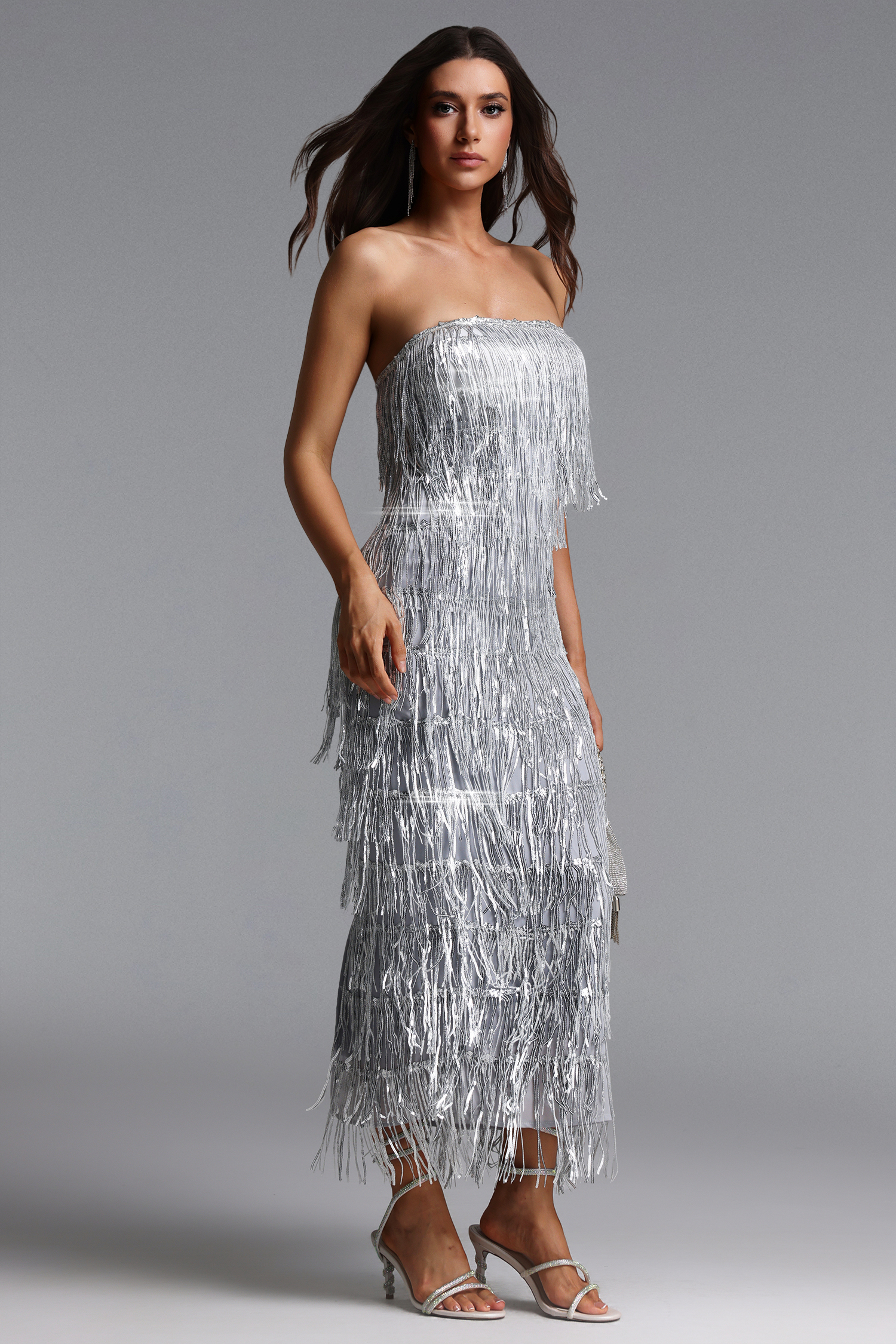 Harriet Chic Contour Strapless Fringe Maxi Dress