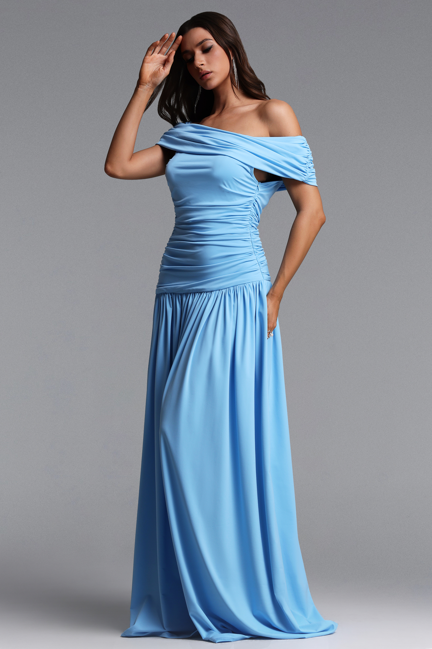 Gamora Elegant Contour One Shoulder Ruched Maxi Dress