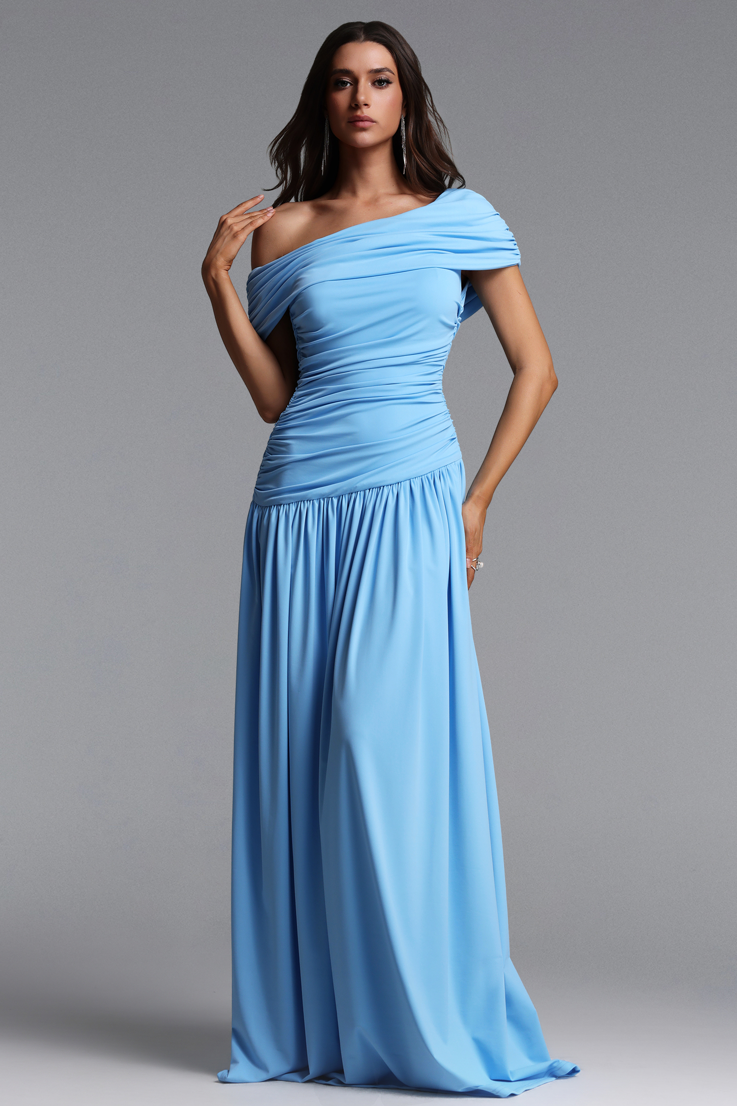 Gamora Elegant Contour One Shoulder Ruched Maxi Dress