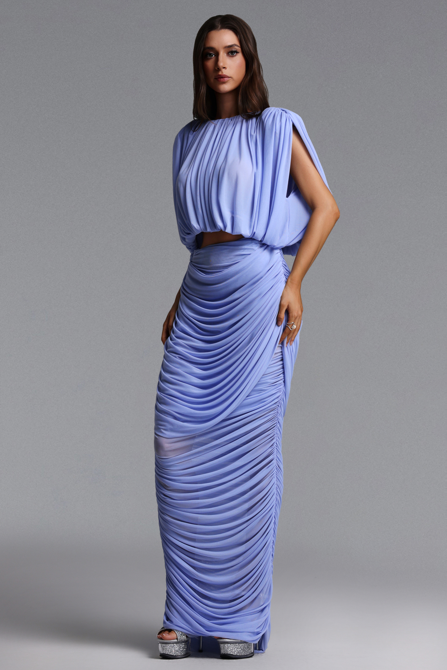 Lousia Chic Flowy Ruched Knit Top and Skirt Set