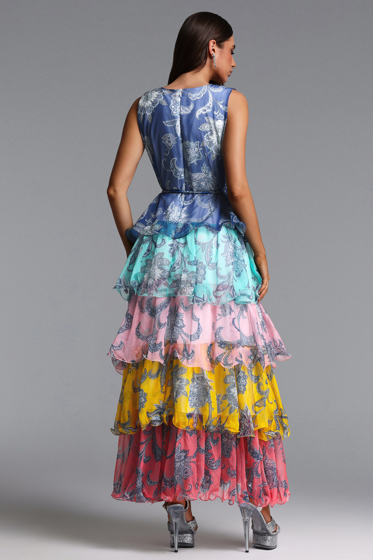 Lacy Elegant Flowy Sleeveless Tiered Ruffle Floral Print Maxi Dress