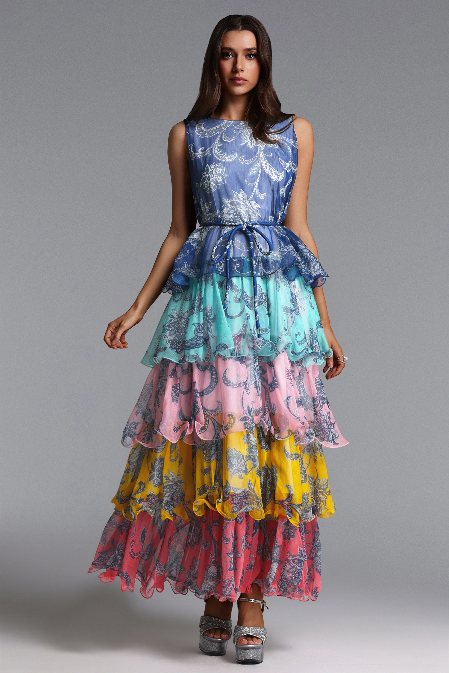 Lacy Elegant Flowy Sleeveless Tiered Ruffle Floral Print Maxi Dress