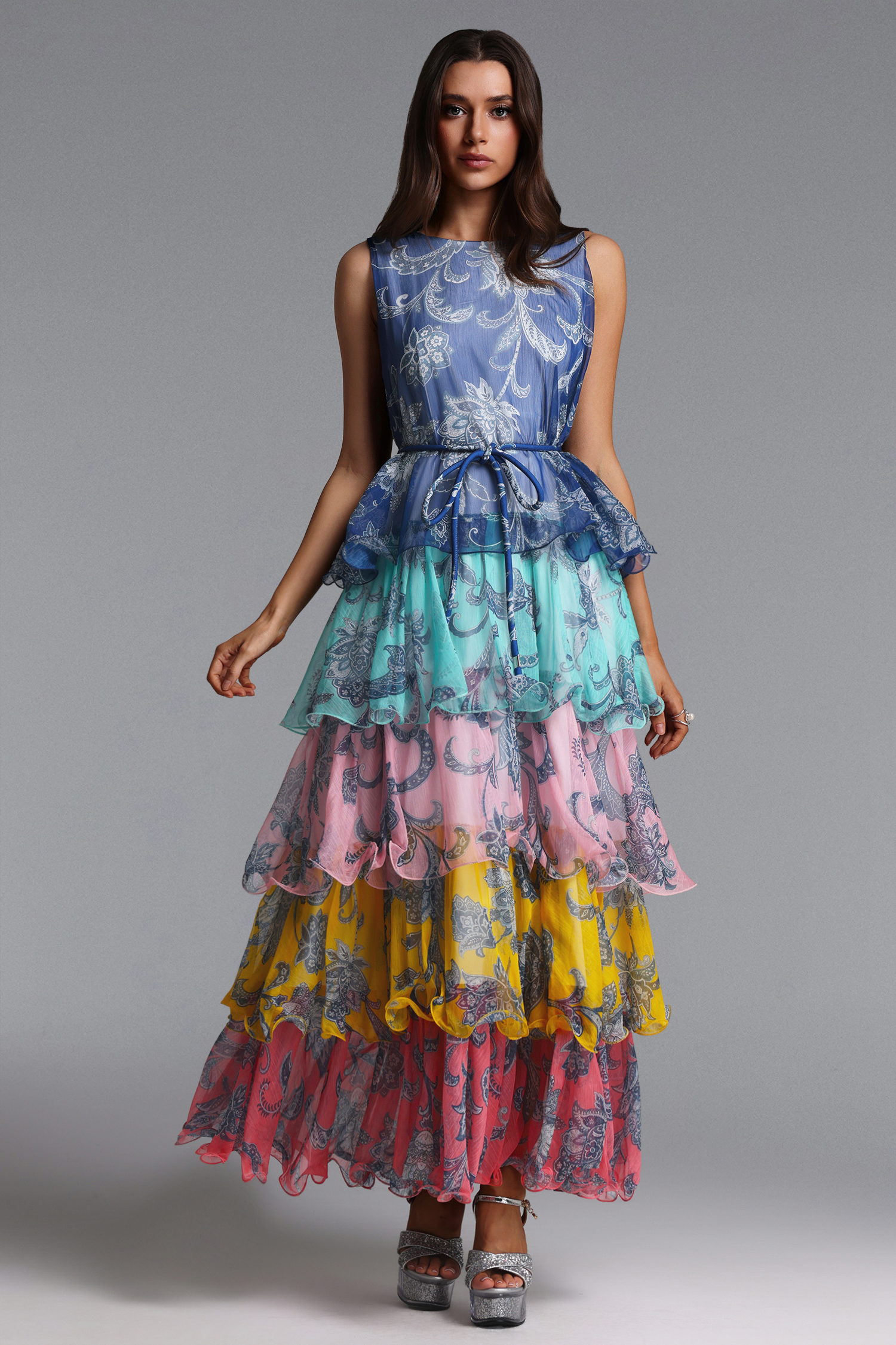 Lacy Elegant Flowy Sleeveless Tiered Ruffle Floral Print Maxi Dress