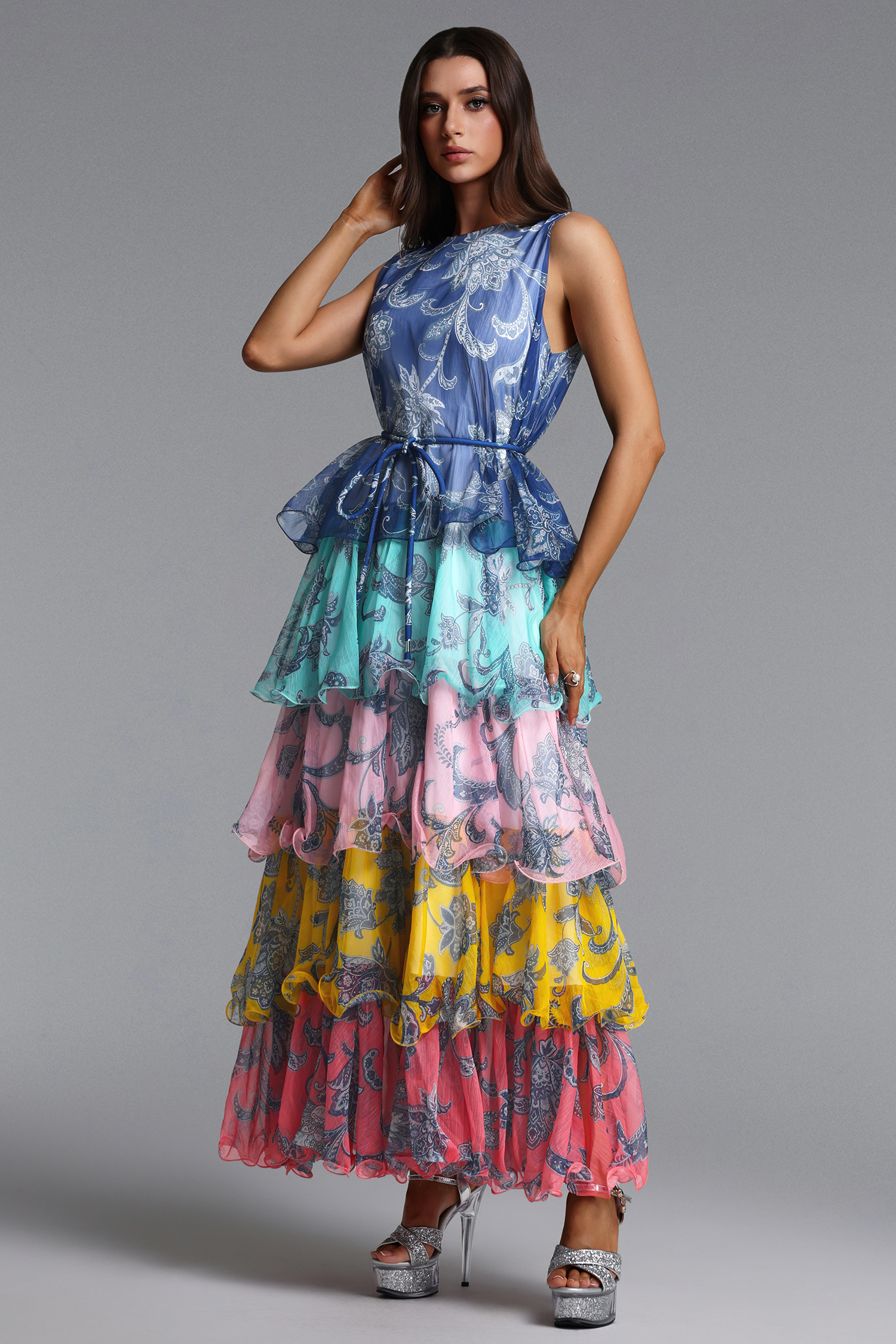 Lacy Elegant Flowy Sleeveless Tiered Ruffle Floral Print Maxi Dress