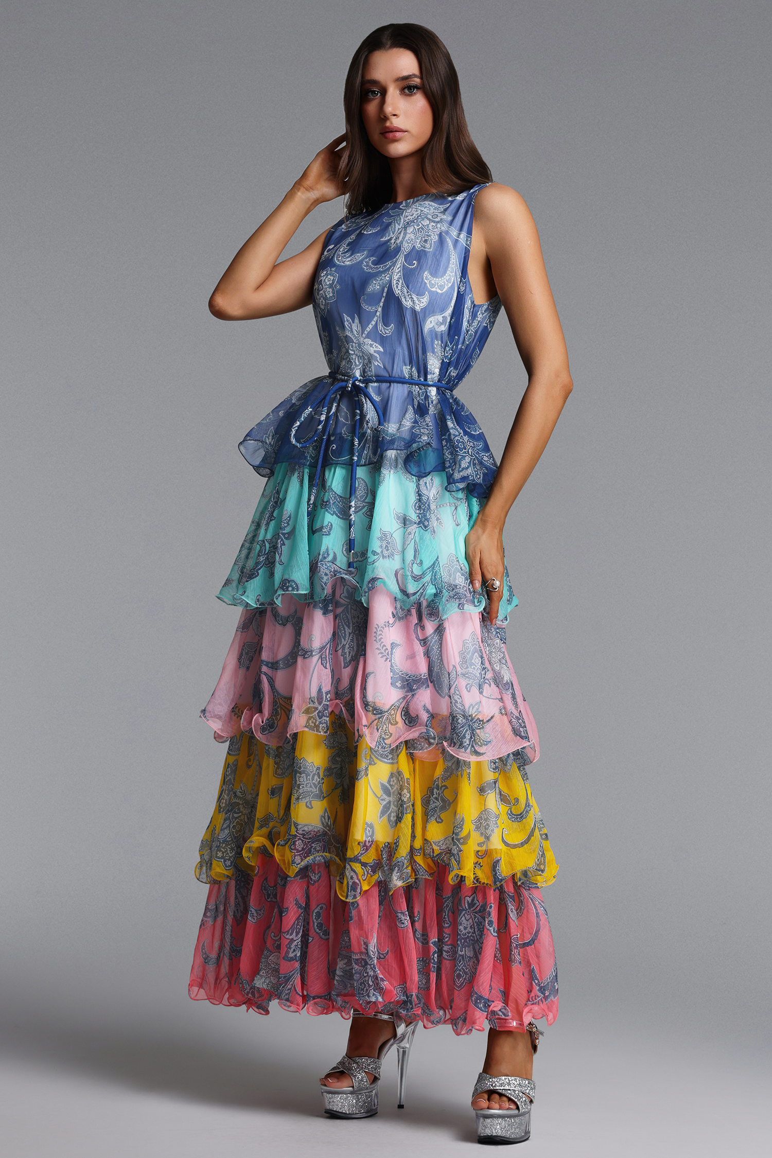 Lacy Elegant Flowy Sleeveless Tiered Ruffle Floral Print Maxi Dress