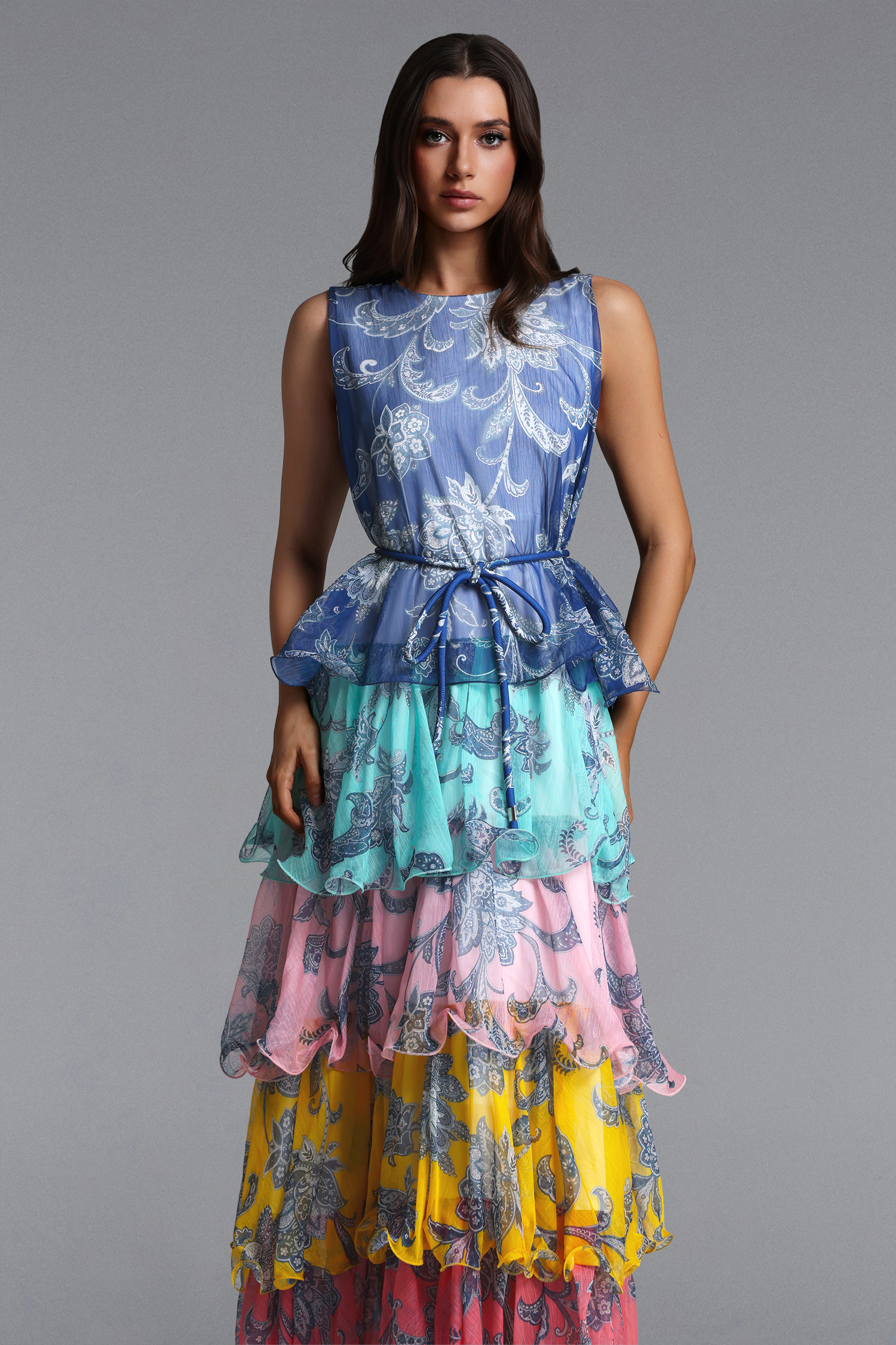 Lacy Elegant Flowy Sleeveless Tiered Ruffle Floral Print Maxi Dress