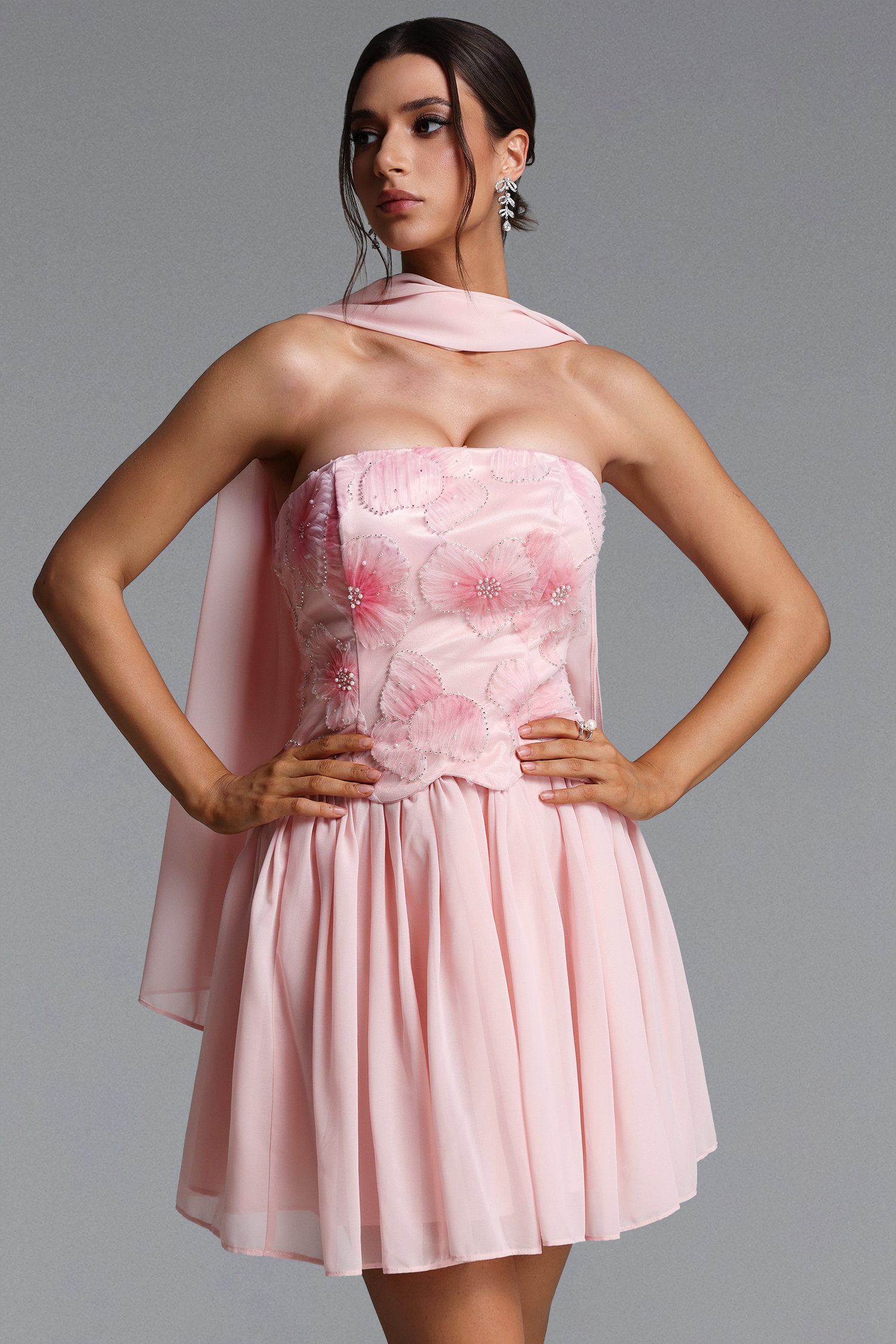 Sharlot Romantic Flowy Strapless Scarf Floral Mini Dress