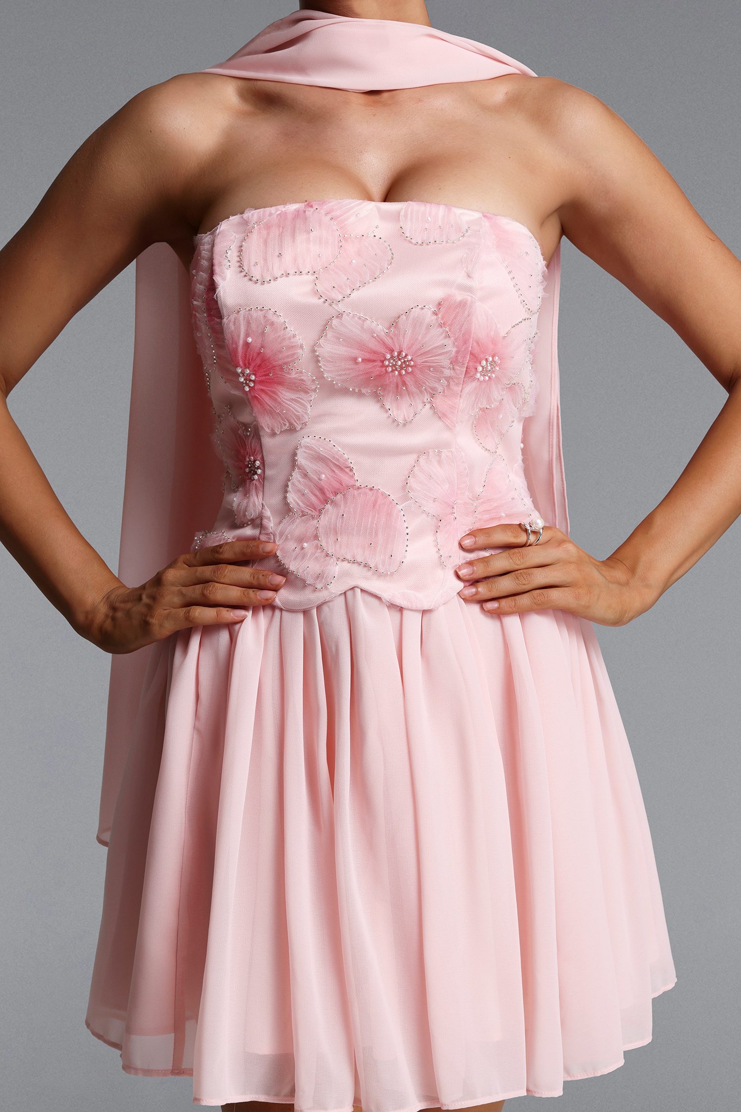 Sharlot Romantic Flowy Strapless Scarf Floral Mini Dress