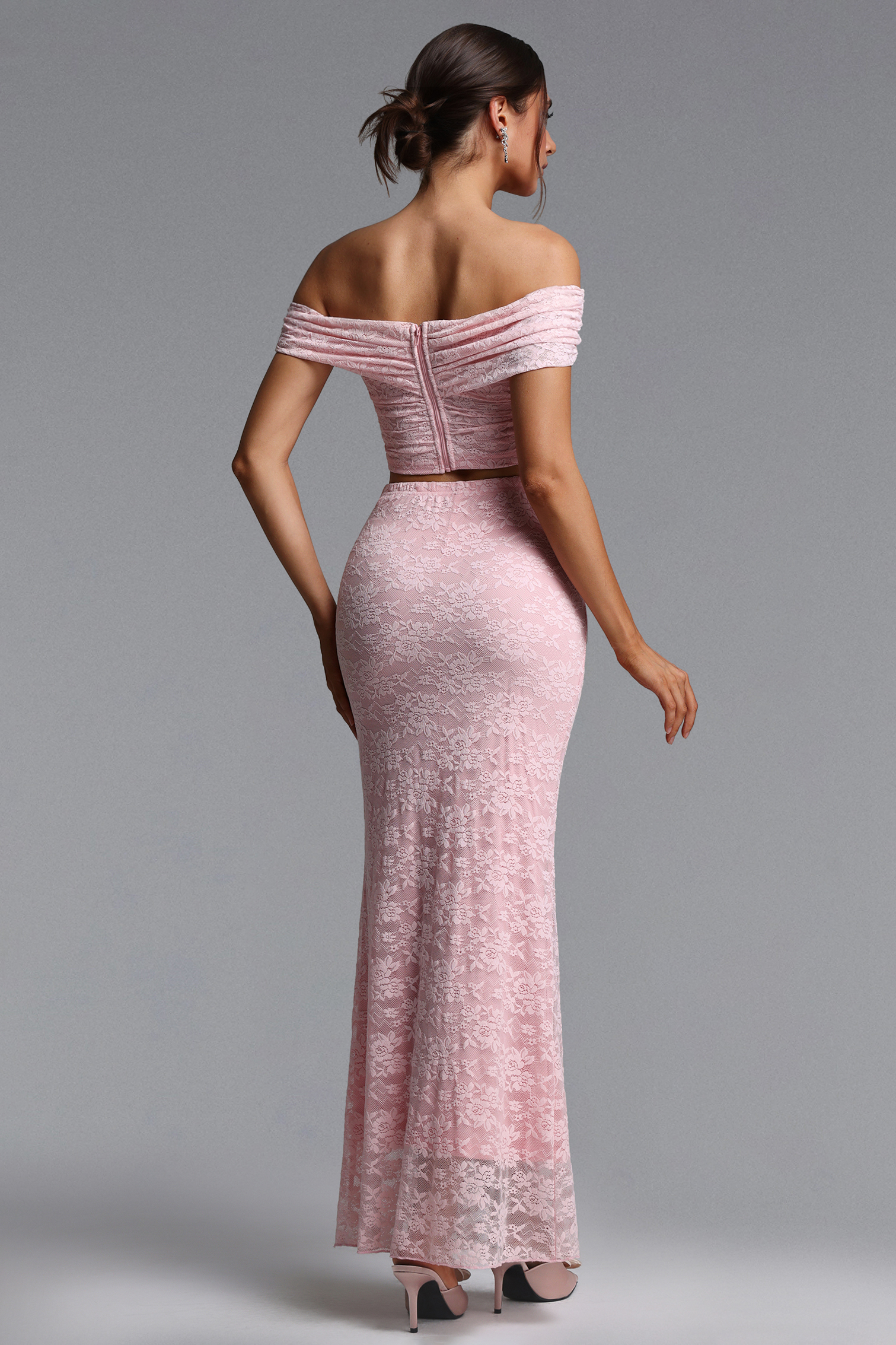 Isabeau Romantic Contour Off Shoulder Cut Out Ruched Lace Top and Skirt Set