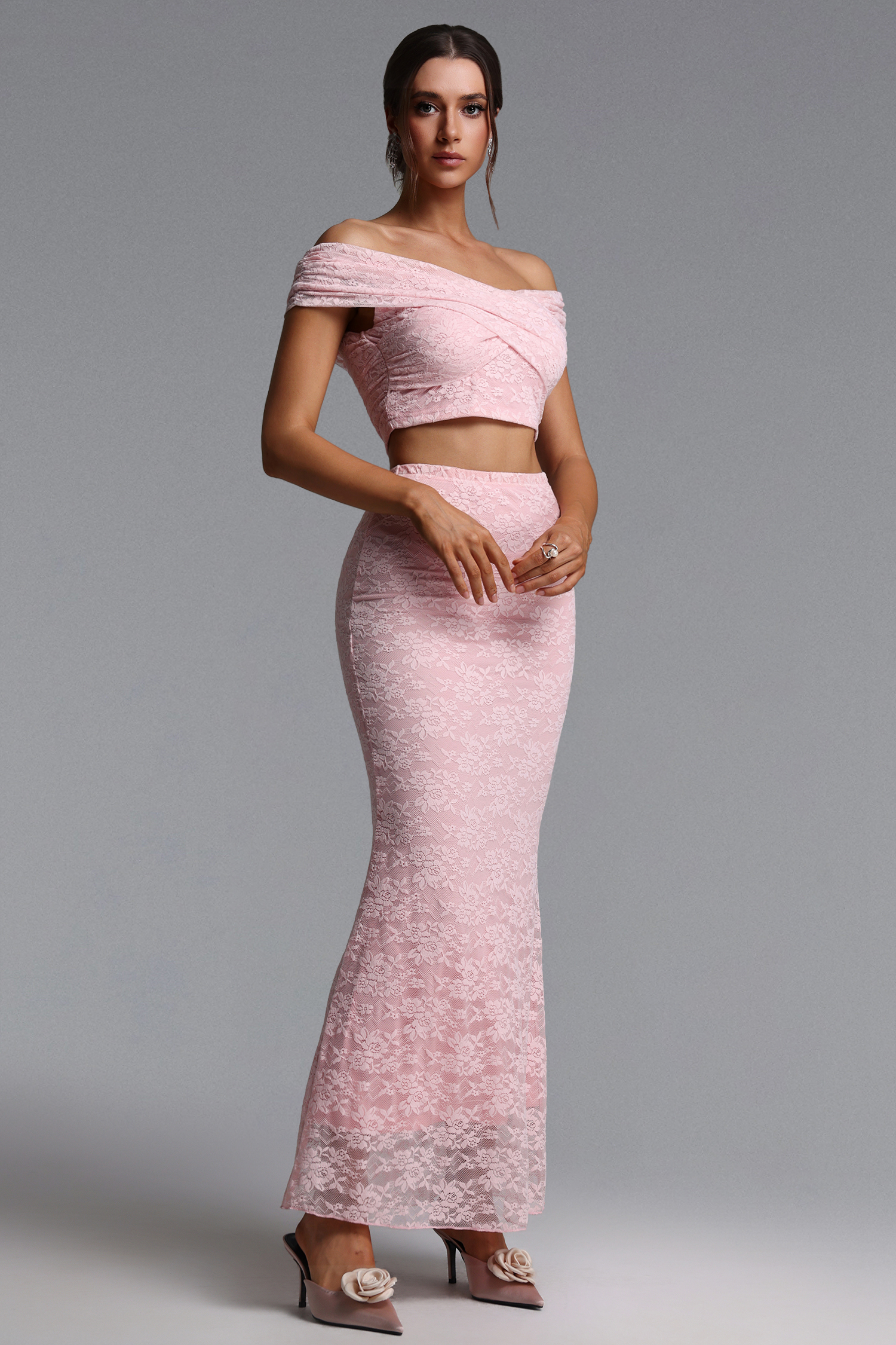 Isabeau Romantic Contour Off Shoulder Cut Out Ruched Lace Top and Skirt Set