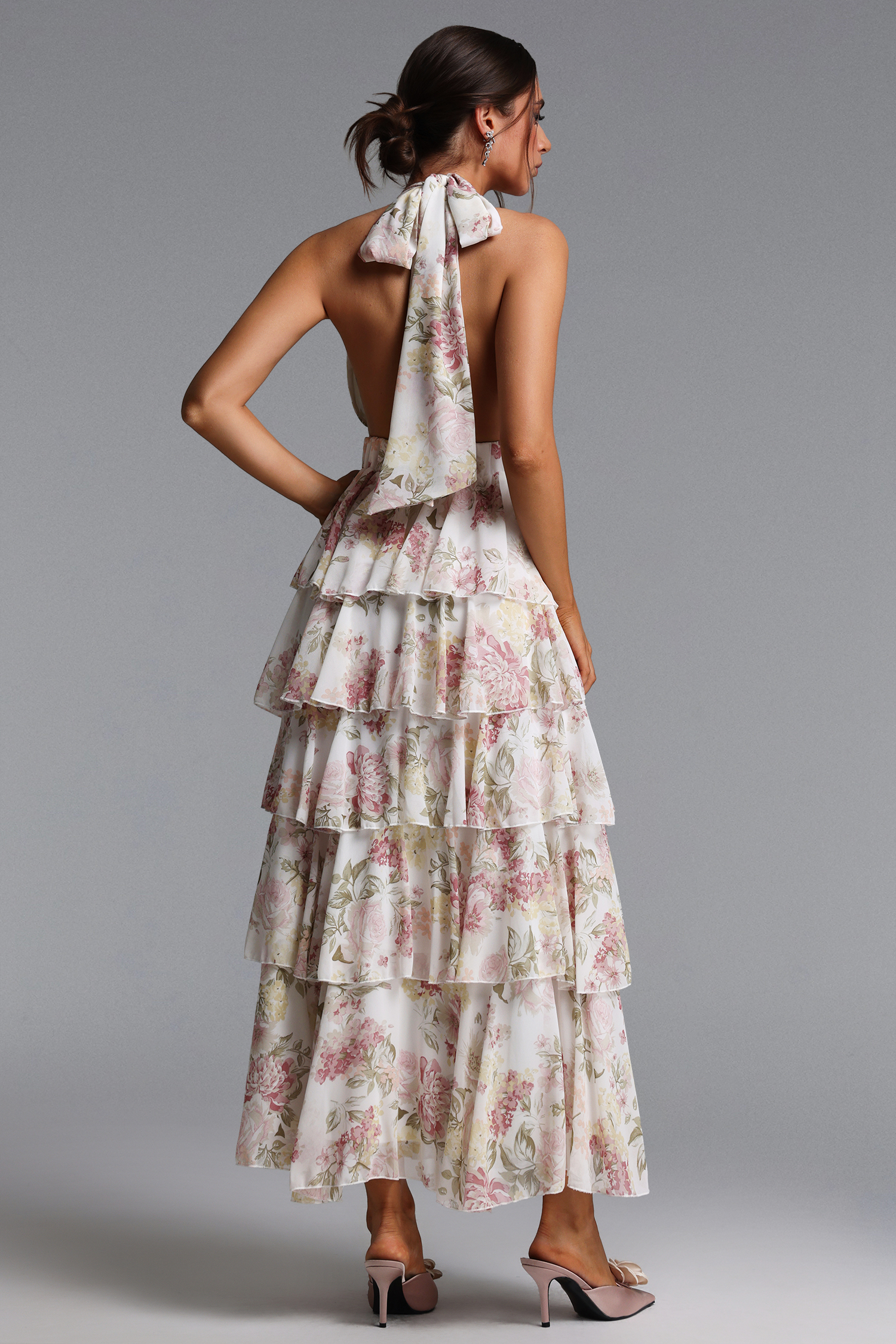 Silas Romantic Flowy Halter Deep V Tiered Ruffle Floral Print Maxi Dress