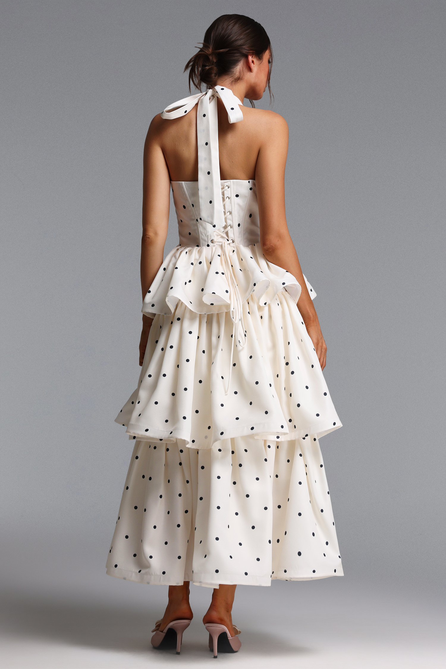 Sarai Romantic Tailored Halter Pleated Tiered Ruffle Polka Dot Maxi Dress