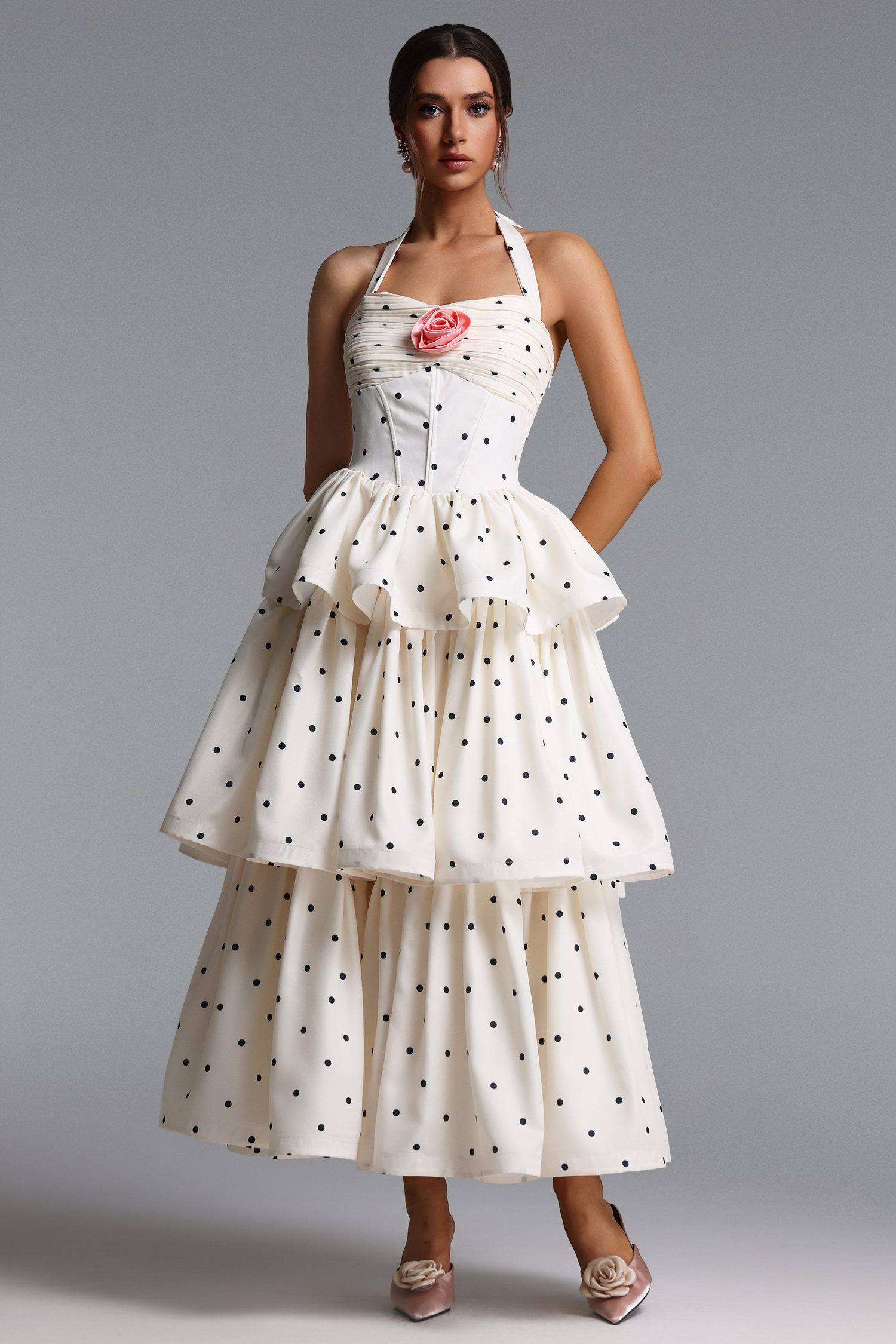 Sarai Romantic Tailored Halter Pleated Tiered Ruffle Polka Dot Maxi Dress