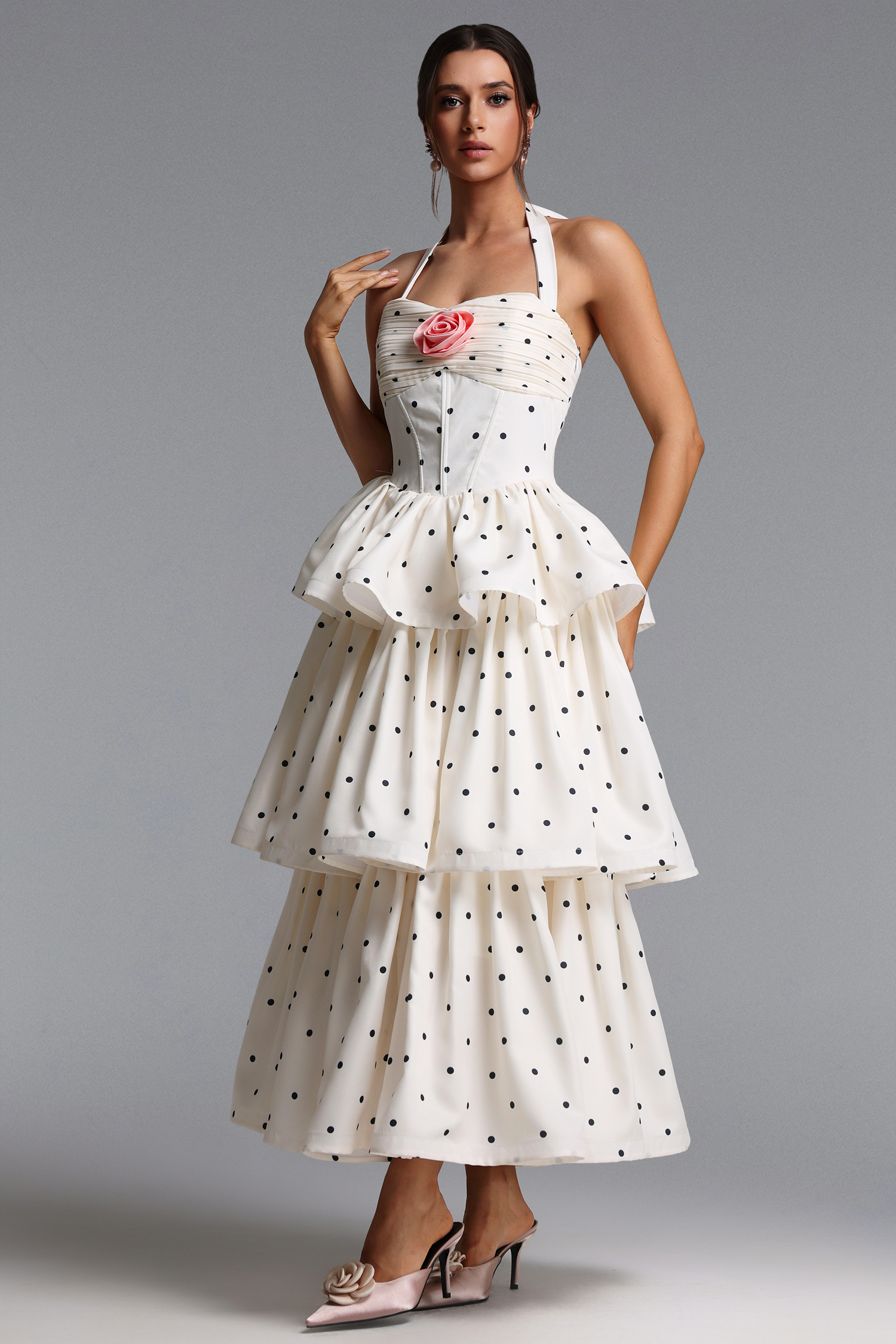 Sarai Romantic Tailored Halter Pleated Tiered Ruffle Polka Dot Maxi Dress