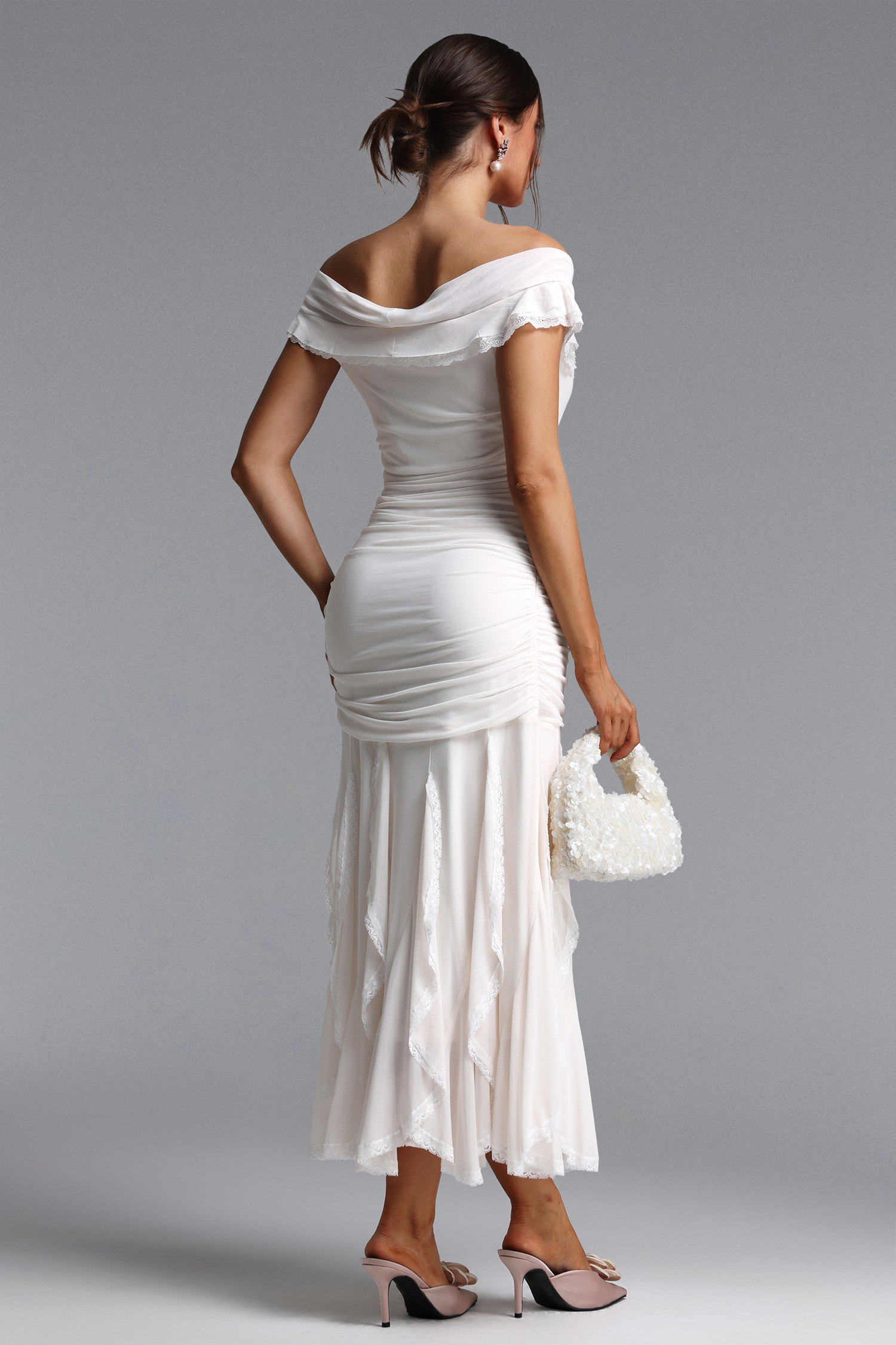 Xiacly Elegant Contour Ruched Lace Knit Maxi Dress