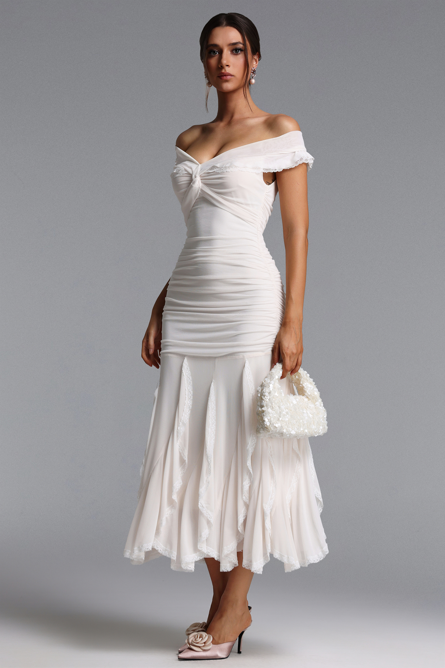 Xiacly Elegant Contour Ruched Lace Knit Maxi Dress