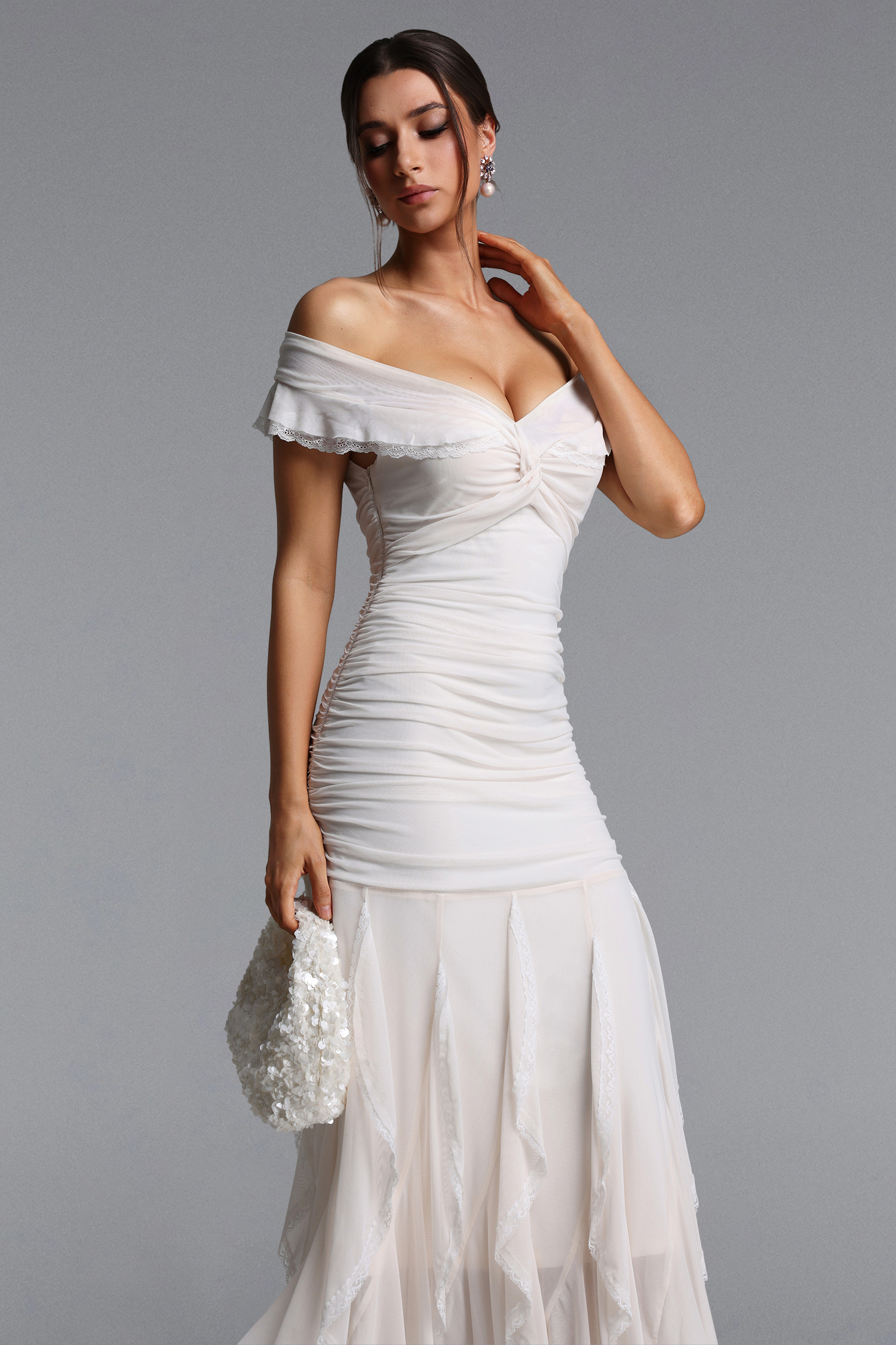 Xiacly Elegant Contour Ruched Lace Knit Maxi Dress