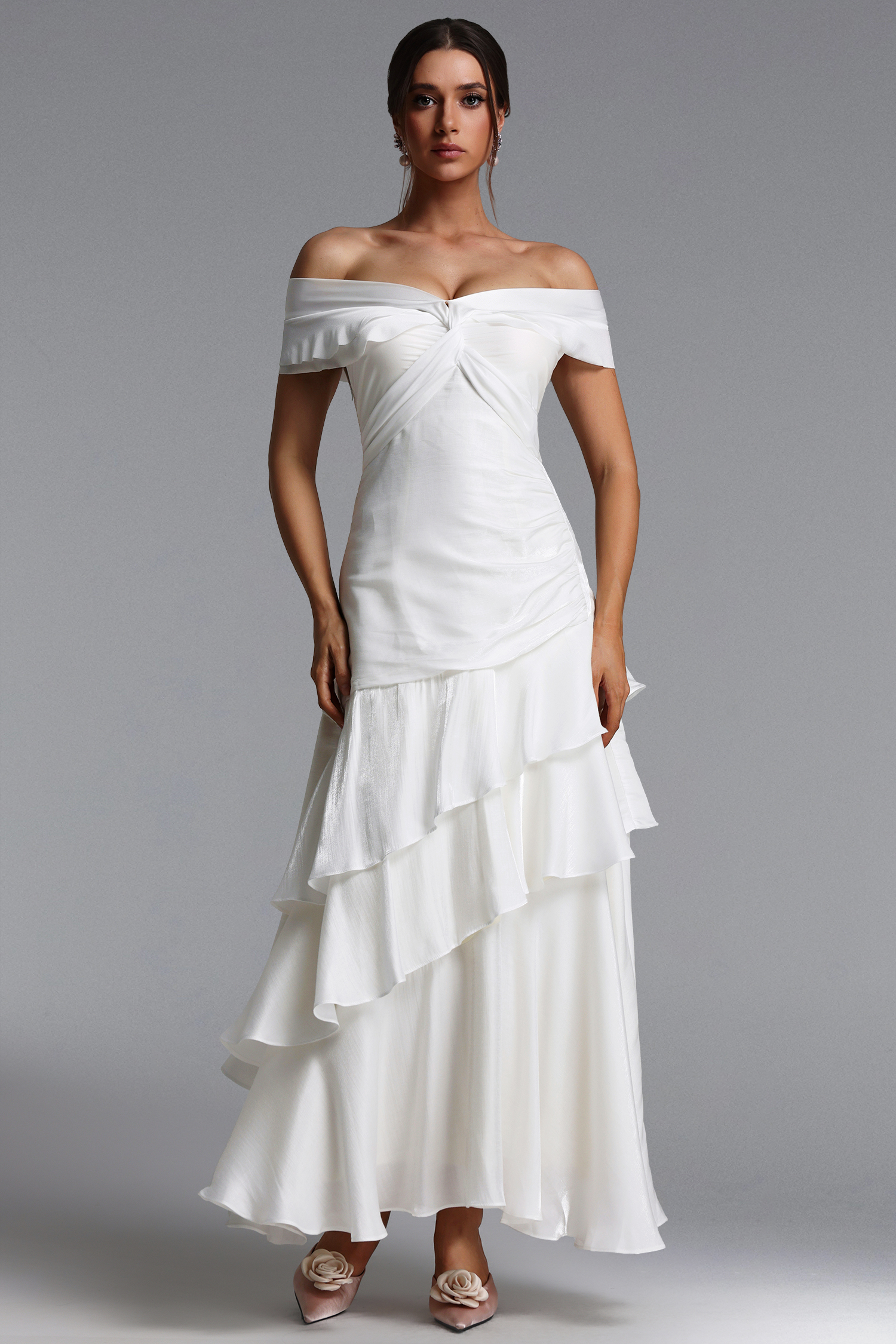 Tereza Elegant Contour Off Shoulder Twist Tiered Ruffle Maxi Dress