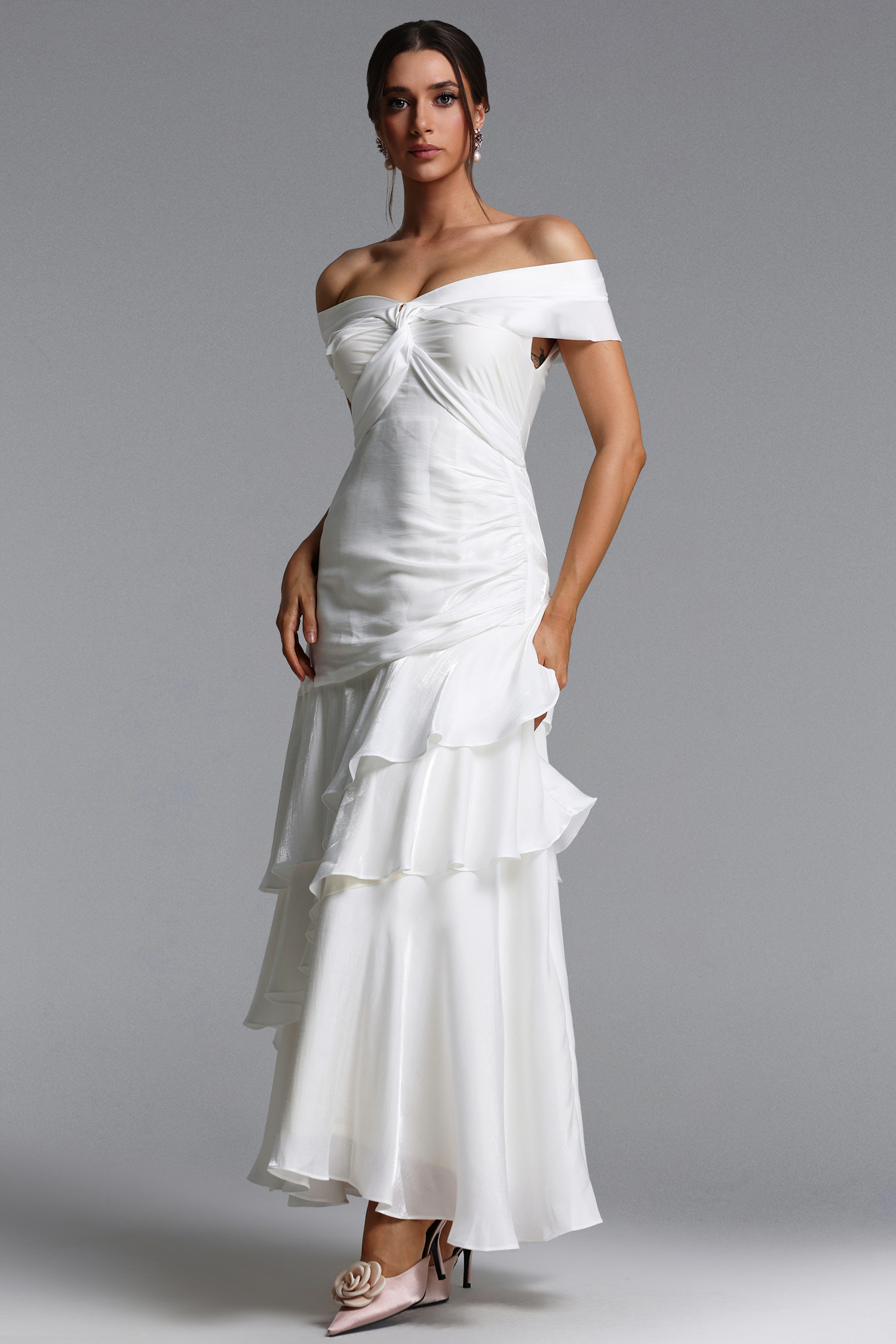 Tereza Elegant Contour Off Shoulder Twist Tiered Ruffle Maxi Dress