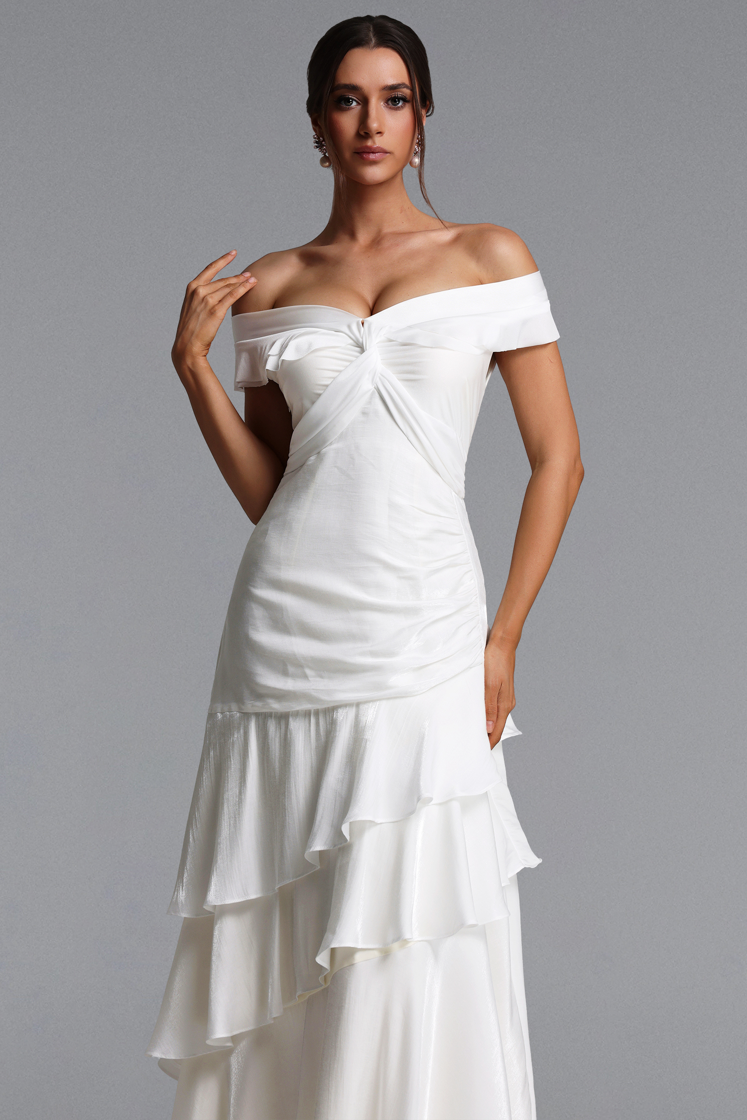 Tereza Elegant Contour Off Shoulder Twist Tiered Ruffle Maxi Dress