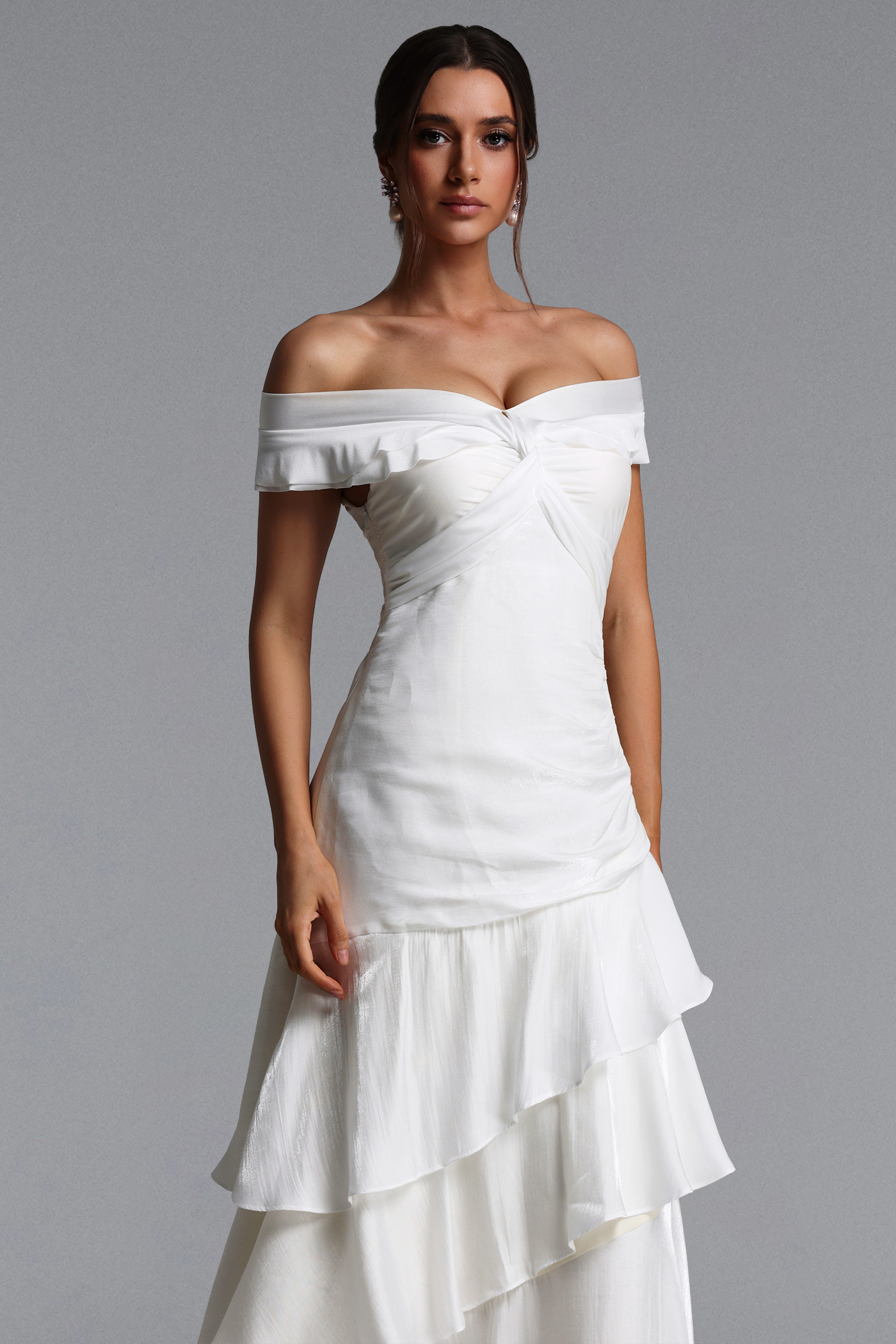 Tereza Elegant Contour Off Shoulder Twist Tiered Ruffle Maxi Dress