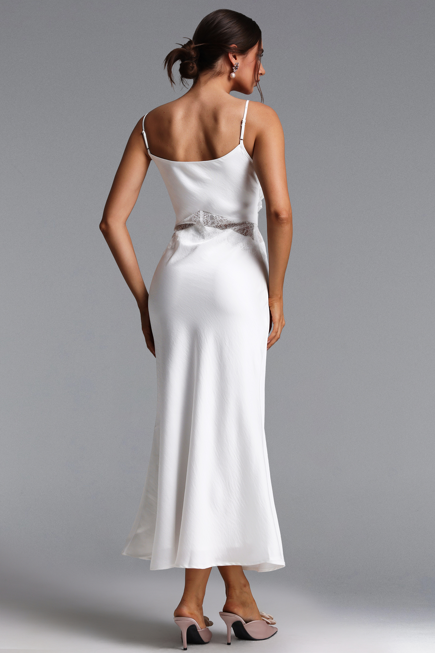 Locava Elegant Contour Deep V Cut Out Lace Satin Maxi Dress