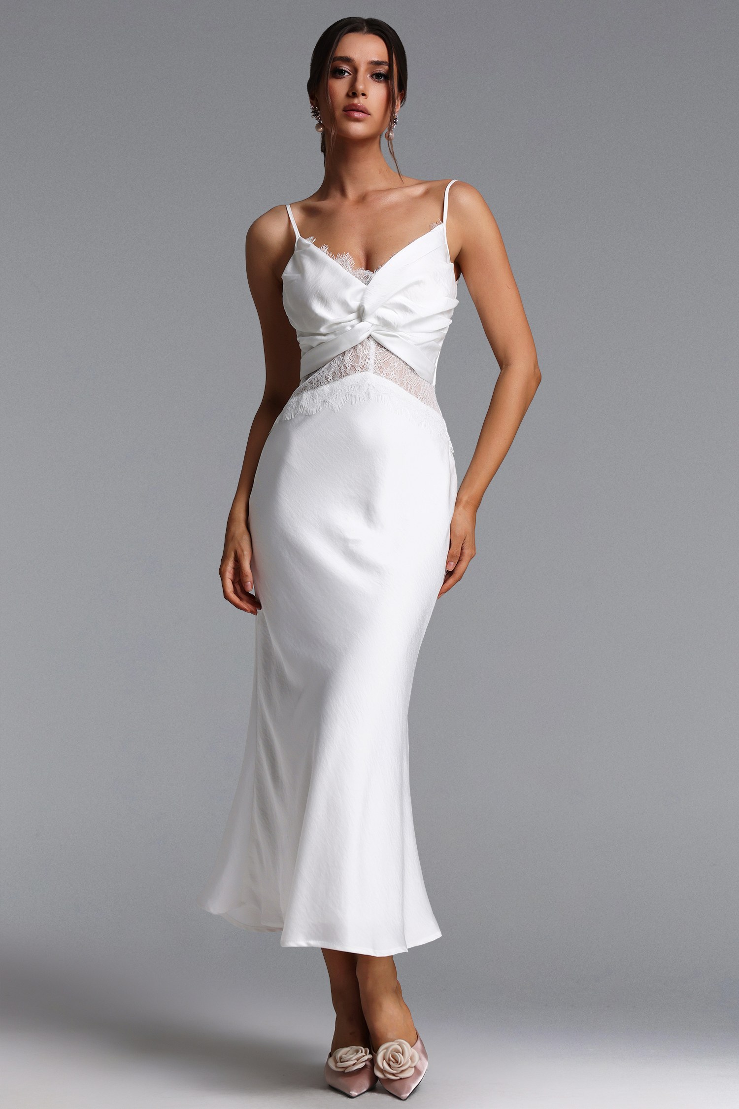 Locava Elegant Contour Deep V Cut Out Lace Satin Maxi Dress