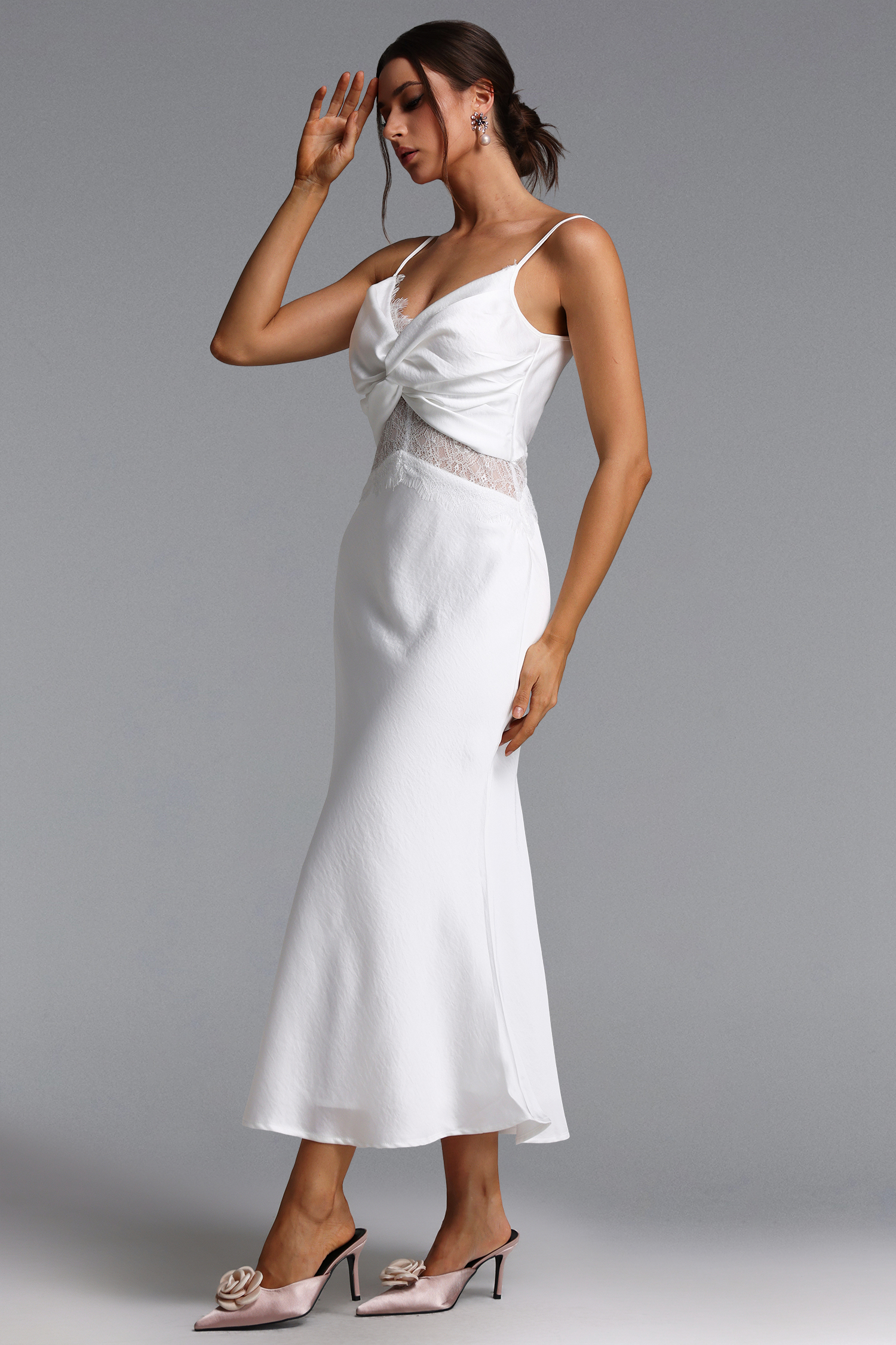 Locava Elegant Contour Deep V Cut Out Lace Satin Maxi Dress