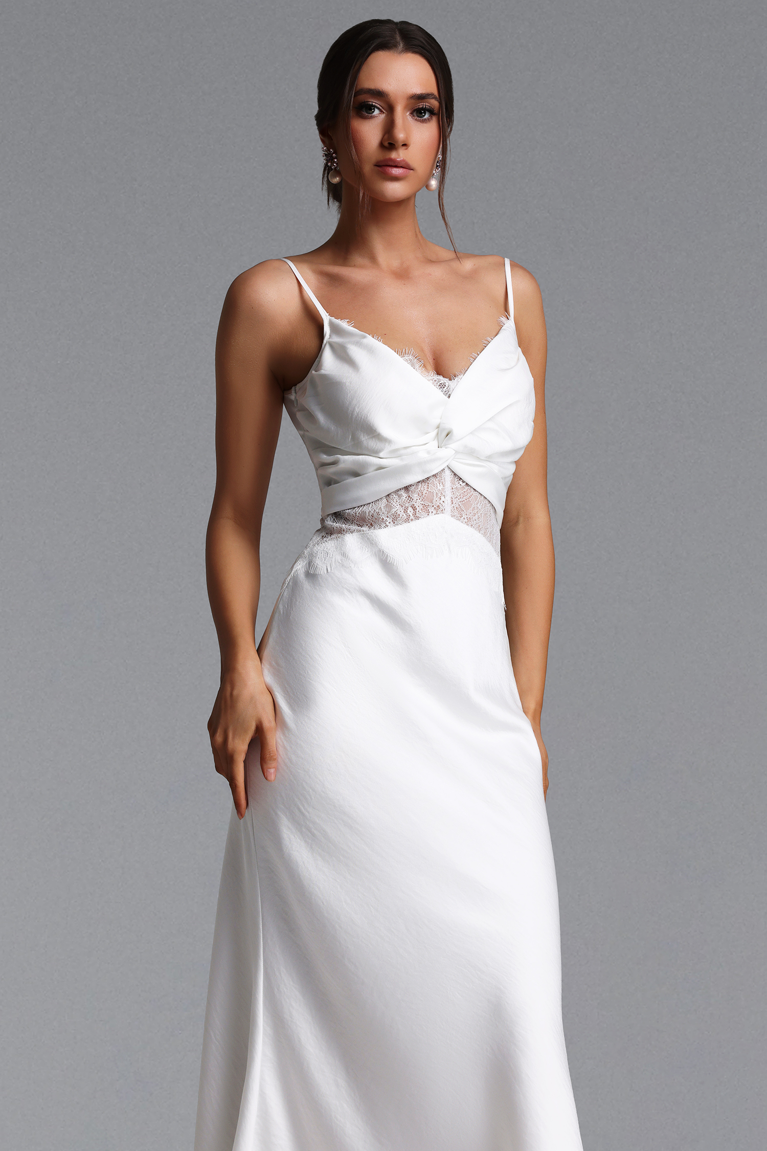 Locava Elegant Contour Deep V Cut Out Lace Satin Maxi Dress