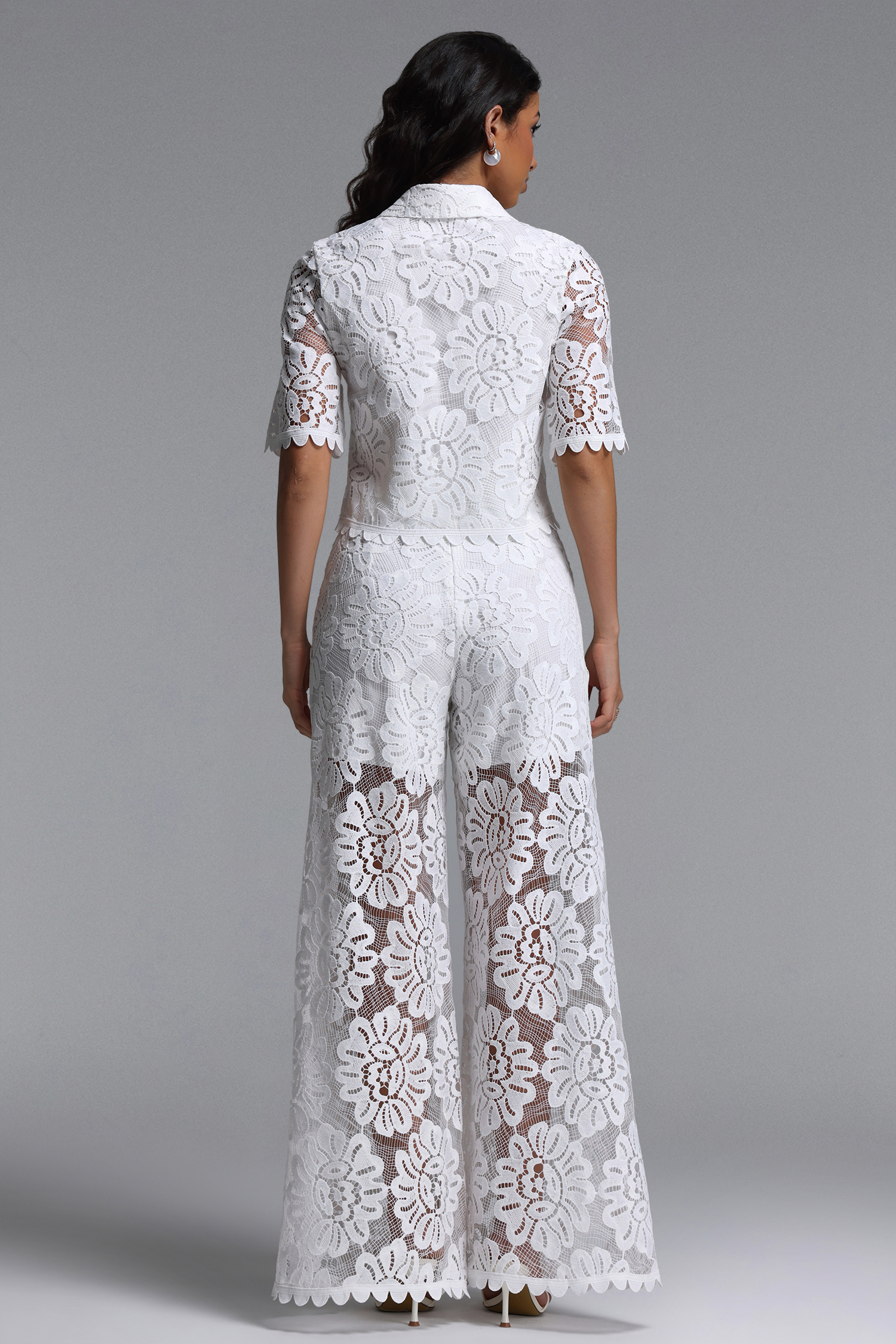 Liviya Elegant Tailored Short Sleeve Lace Top and Pants Two Piece Set